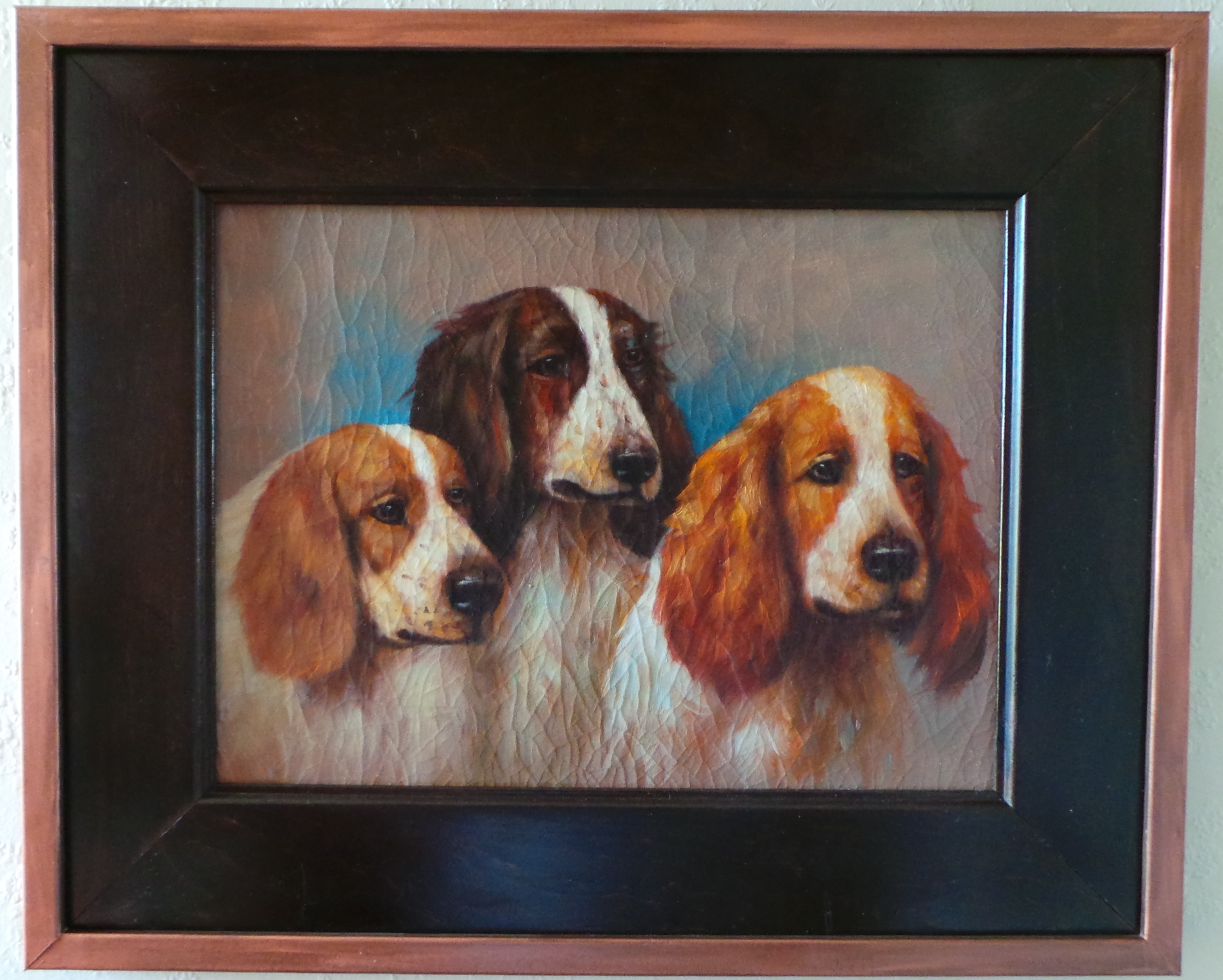 VINTAGE OIL PAINTING ON CANVAS PORTRAIT OF THREE DOGS.
