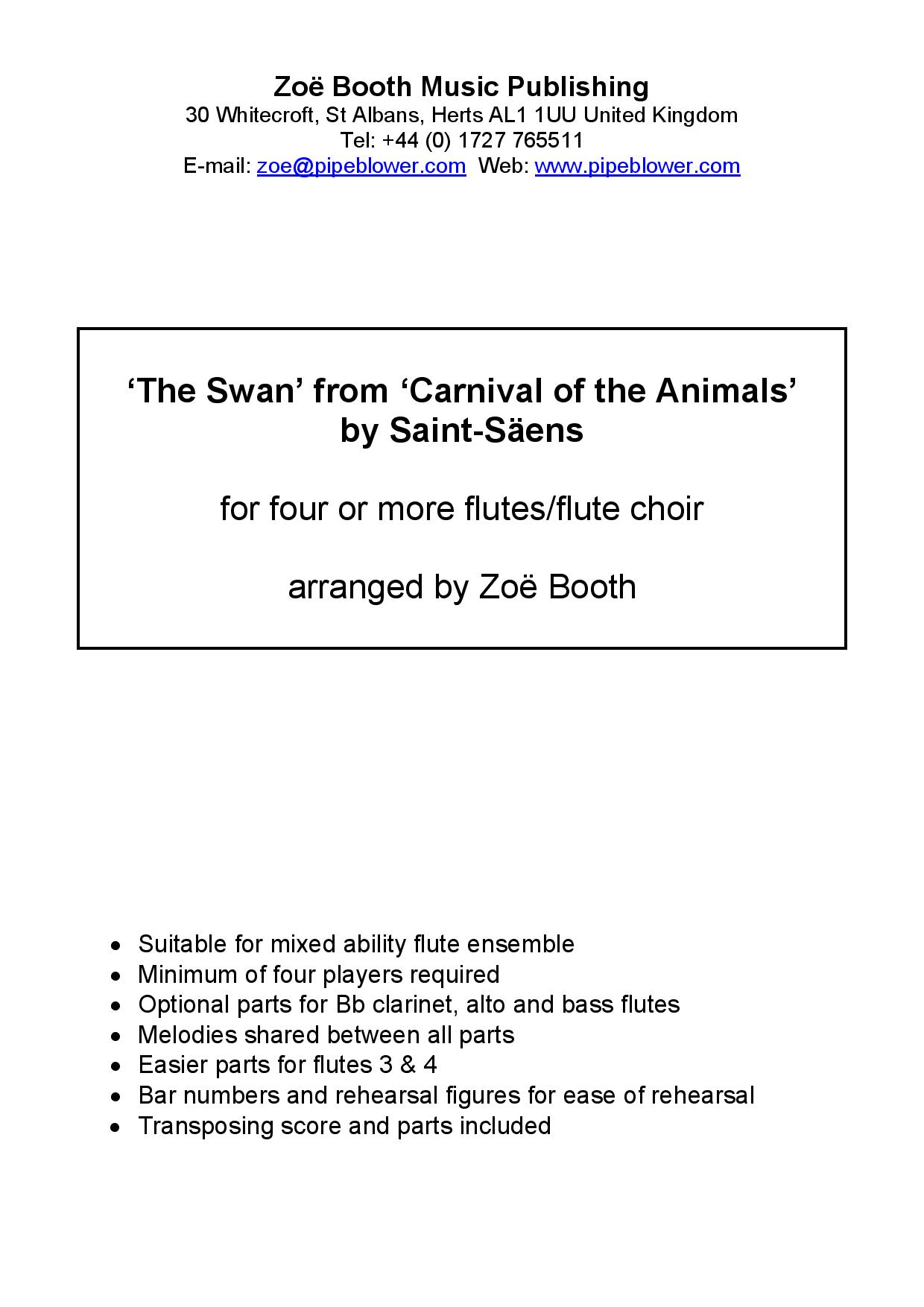 The Swan by Saint-Saëns  arranged by Zoë Booth for four or more flutes/flute choir