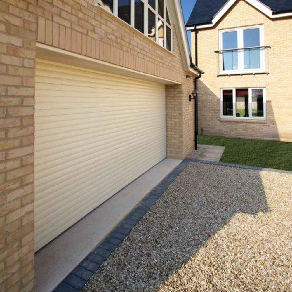 Double Insulated 77mm Lath (Ivory) Roller Shutter Garage Door with White Frame.