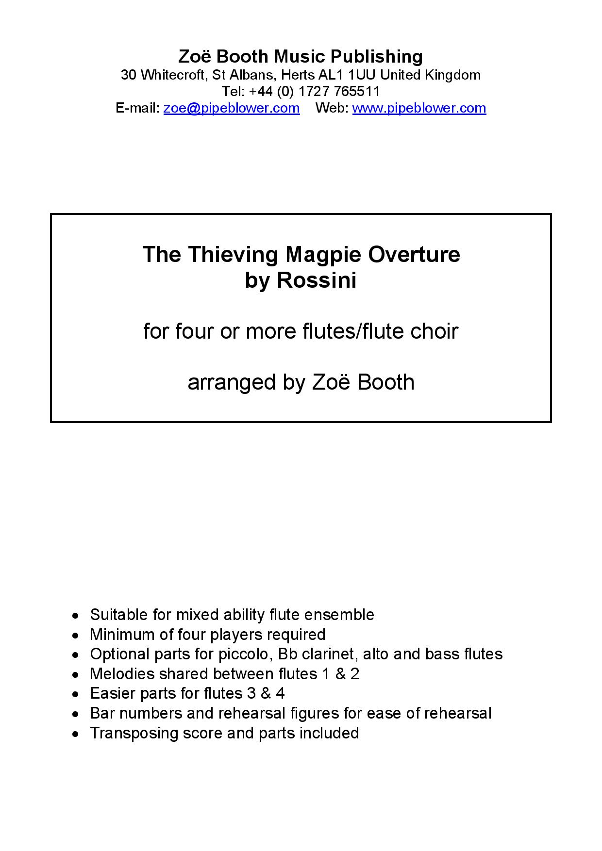 The Thieving Magpie Overture by Rossini,  arranged by Zoë Booth for four or more flutes/flute choir