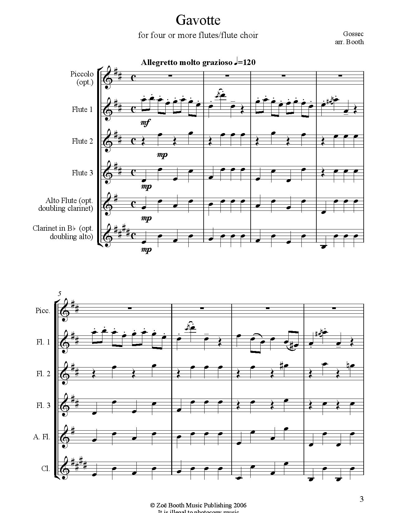 Gavotte by Gossec,  Arranged by Zoë Booth for three or more flutes/flute choir