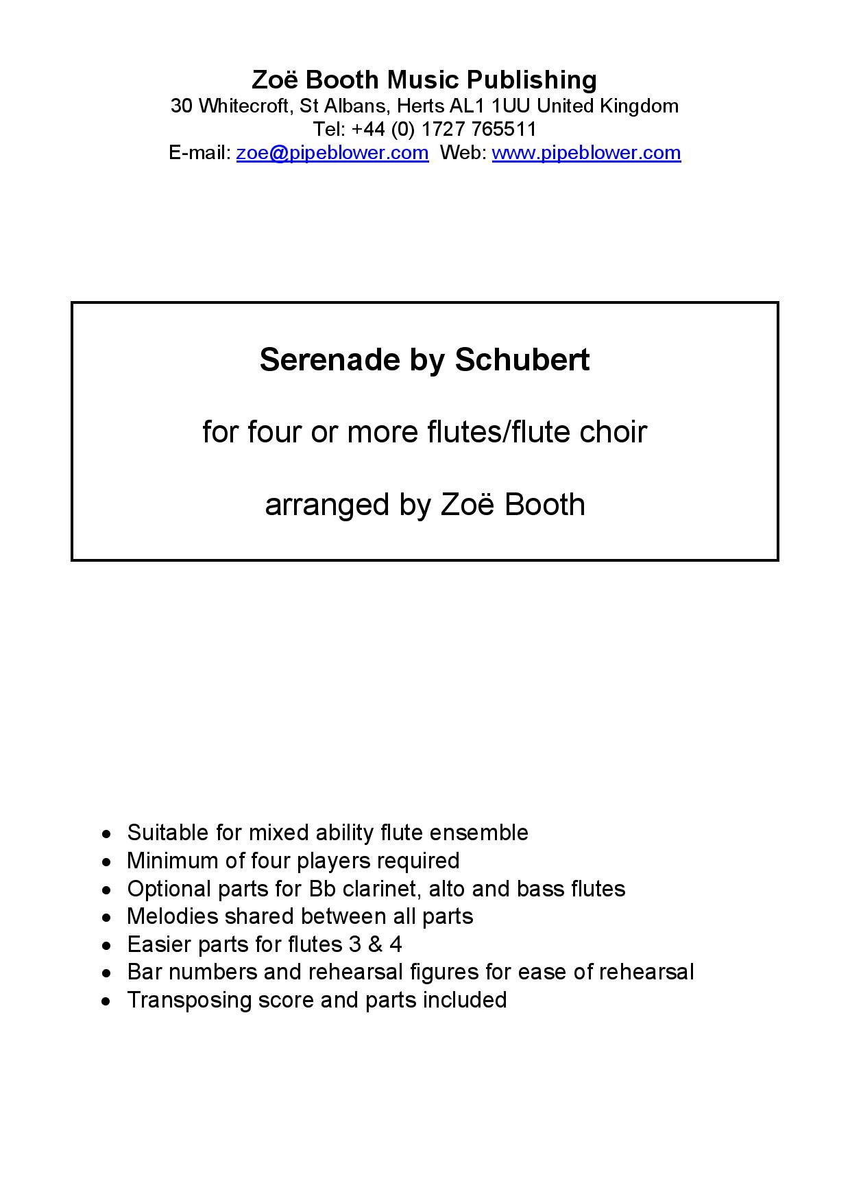 Serenade by Schubert  arranged by Zoë Booth for four or more flutes/flute choir