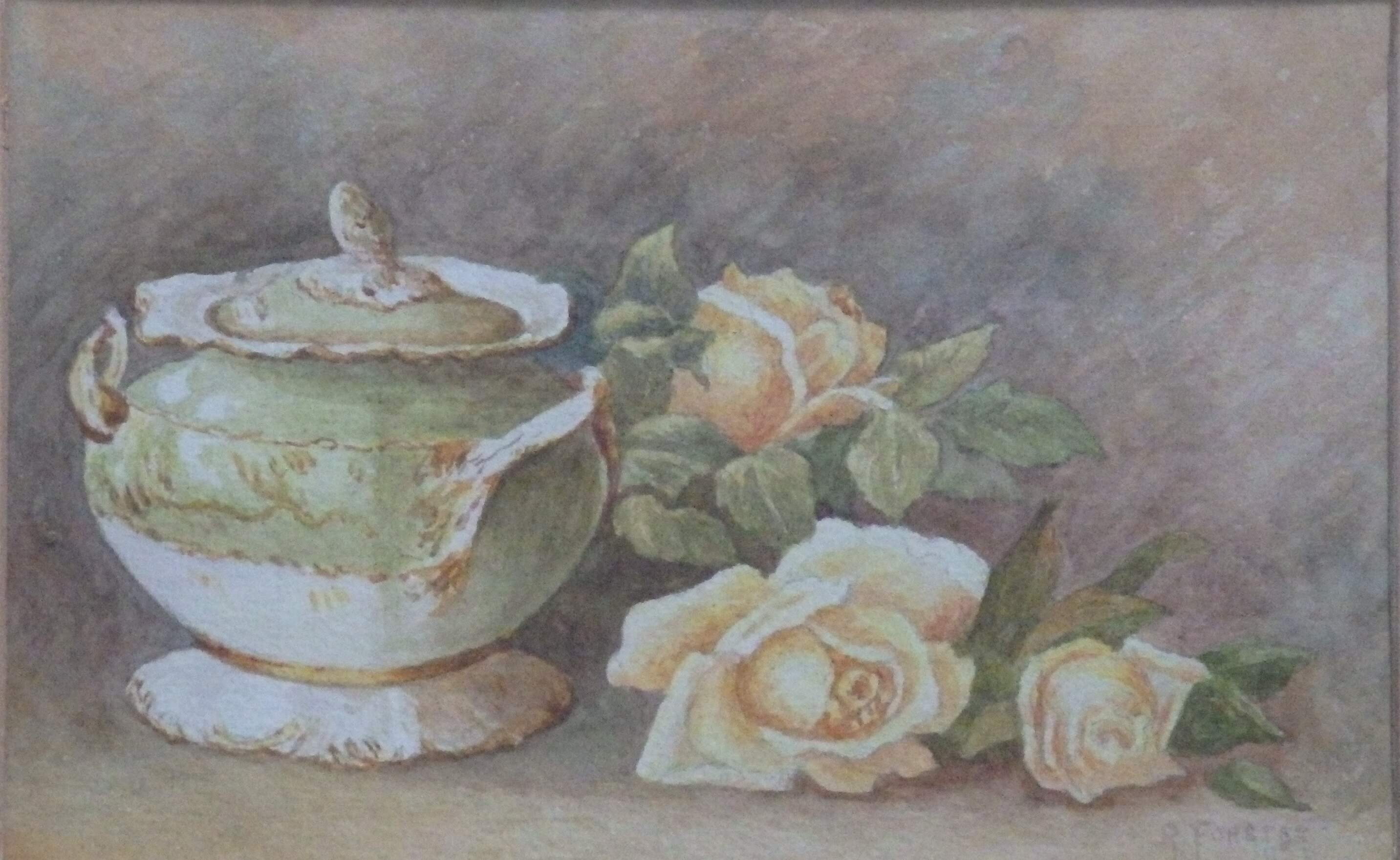 STILL LIFE. VINTAGE SUGAR - BOWL AND ROSES. WATERCOLOUR - R. FORSTER(1929).