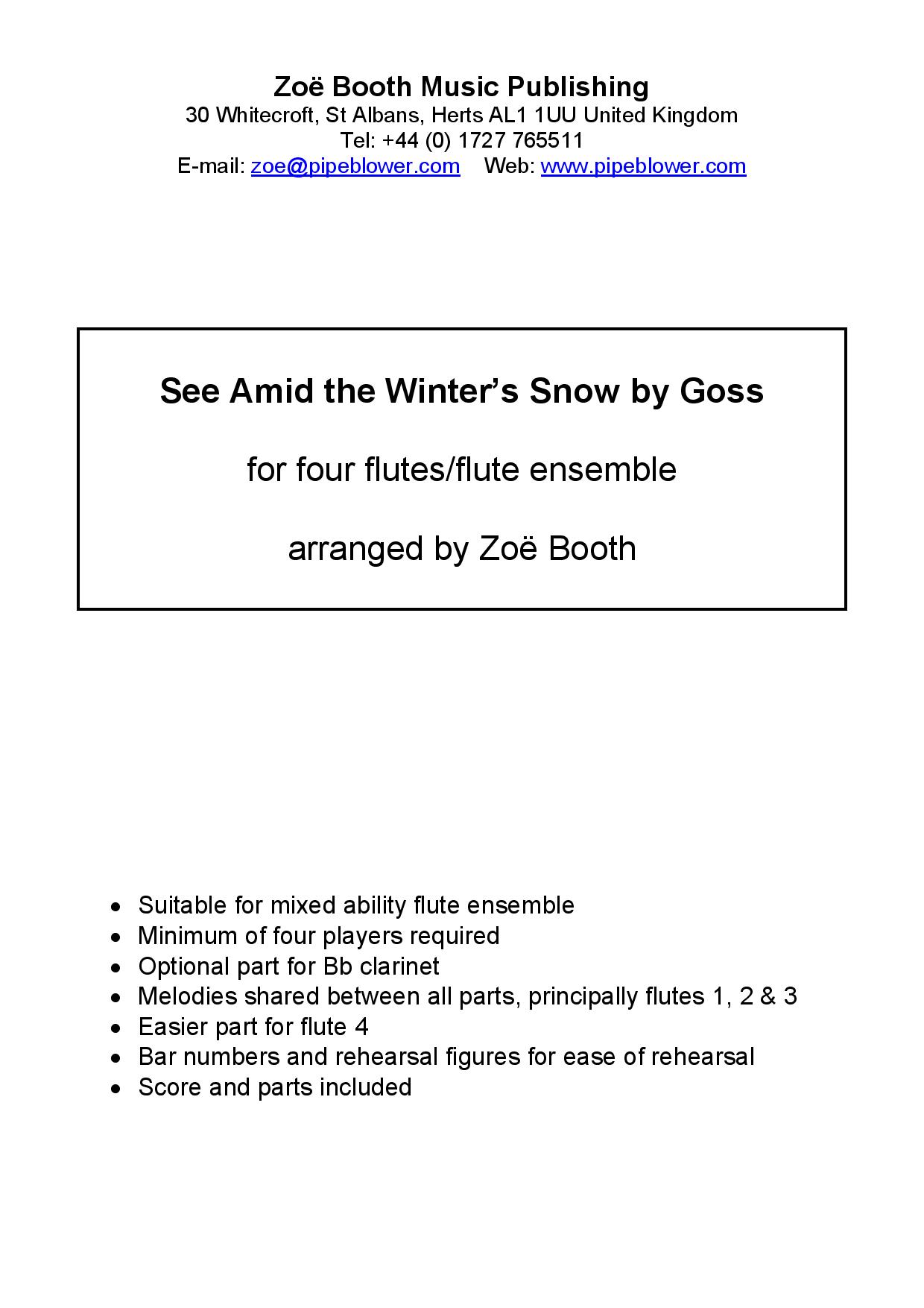 See Amid the Winter’s Snow by John Goss,  arranged by Zoë Booth for four or more flutes/flute choir