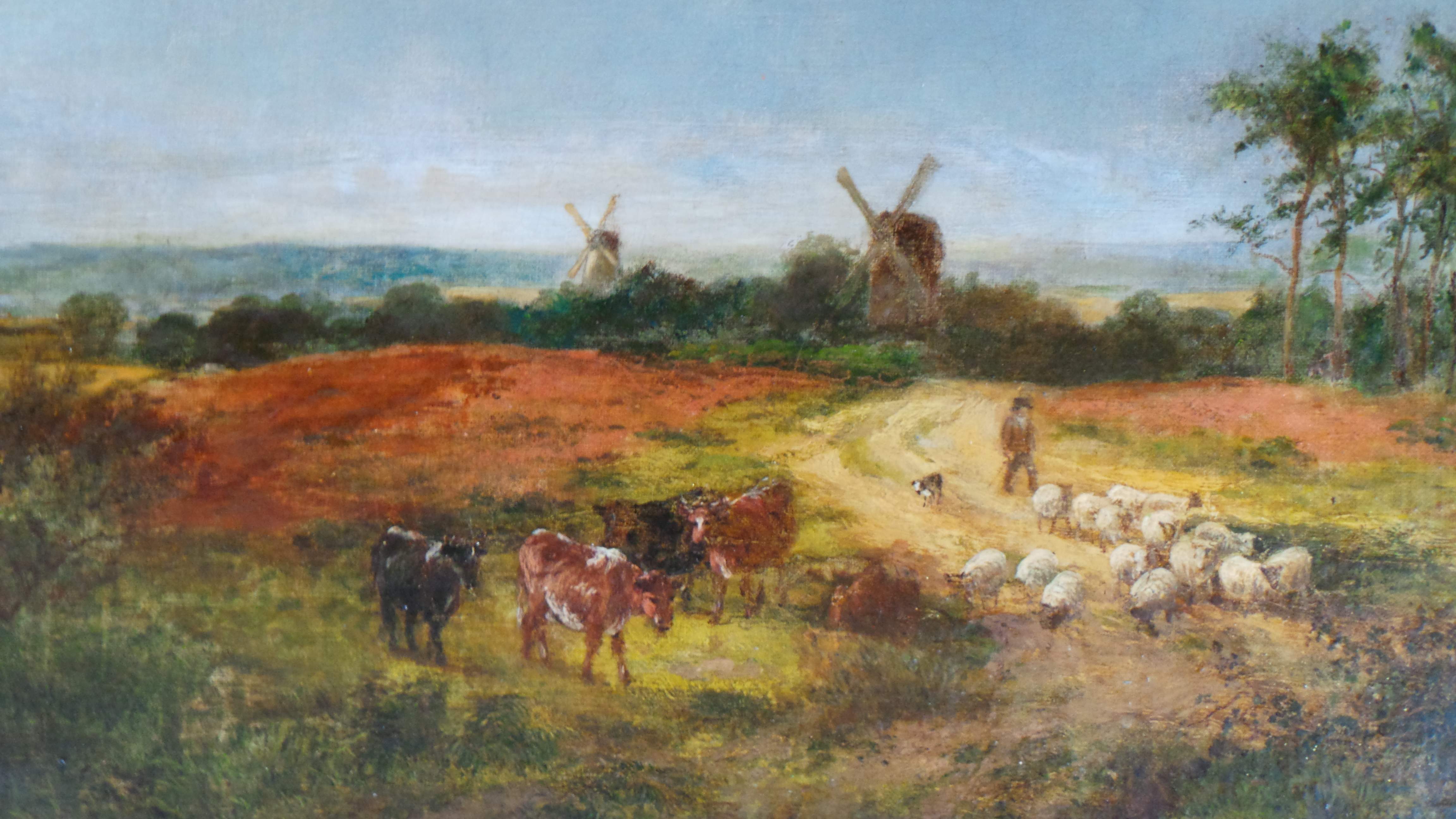 19th CENTURY LANDSCAPE WITH CATTLE AND WINDMILLS.