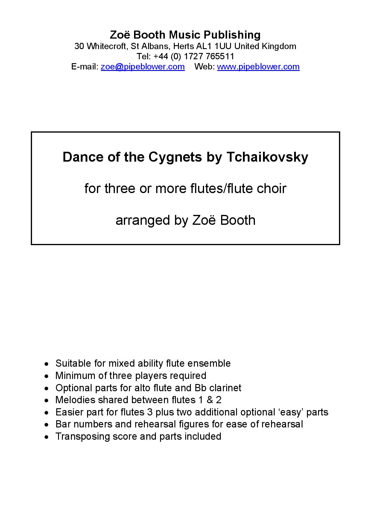 Dance of the Cygnets by Tchaikovsky,  arranged by Zoë Booth or three or more flutes/flute choir