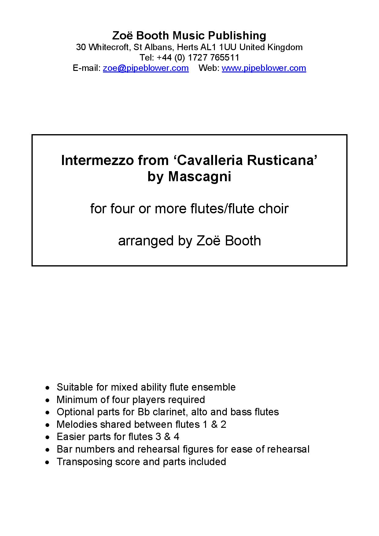 Intermezzo by Mascagni,  arranged by Zoë Booth for four or more flutes/flute choir
