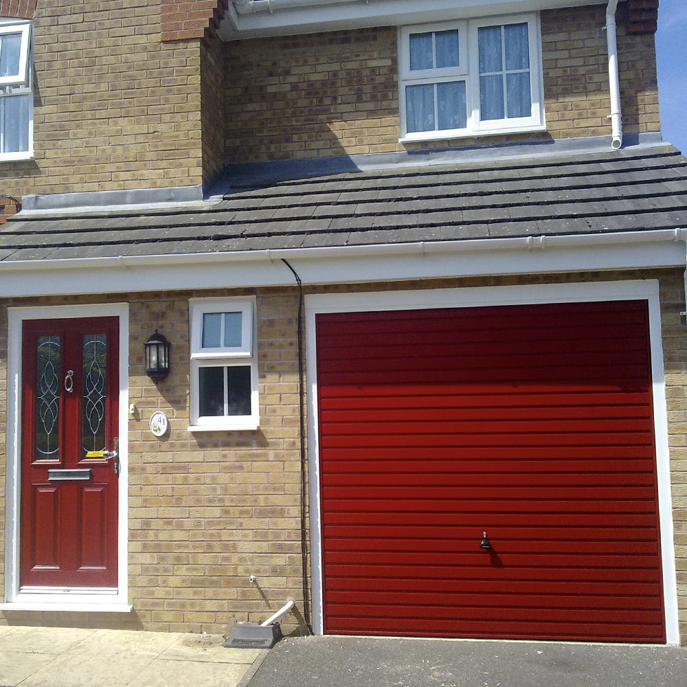 Single Steel (Red) Horizontal Canopy Garage Door with White Frame.