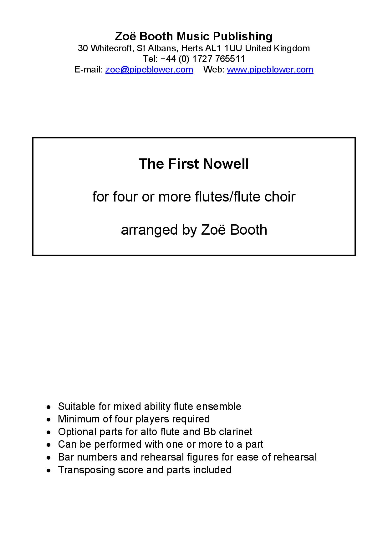 The First Nowell (Traditional),  arranged by Zoë Booth for four or more flutes/flute choir