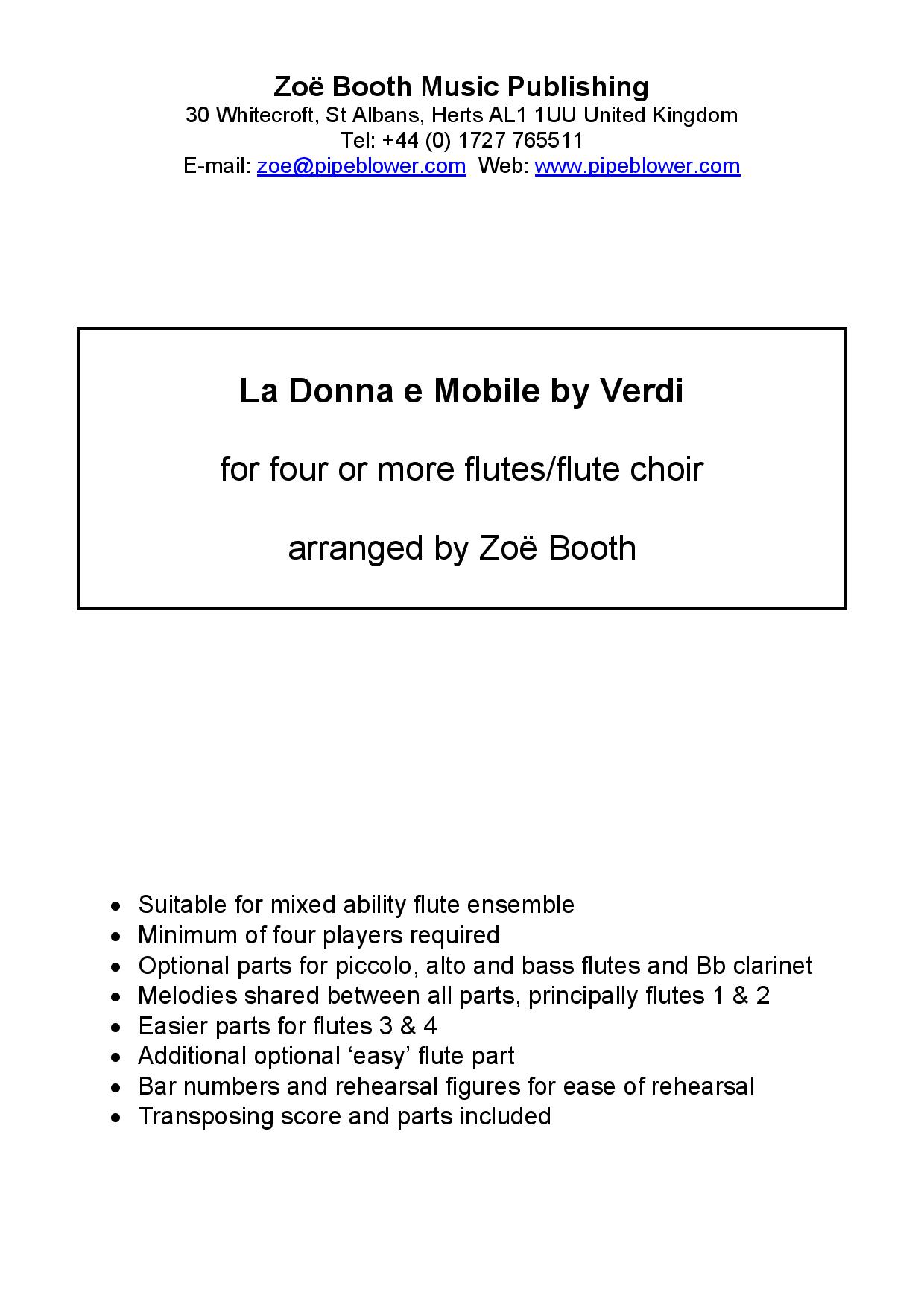 La Donna e Mobile from Rigoletto by Verdi,  arranged by Zoë Booth for four or more flutes/flute choi