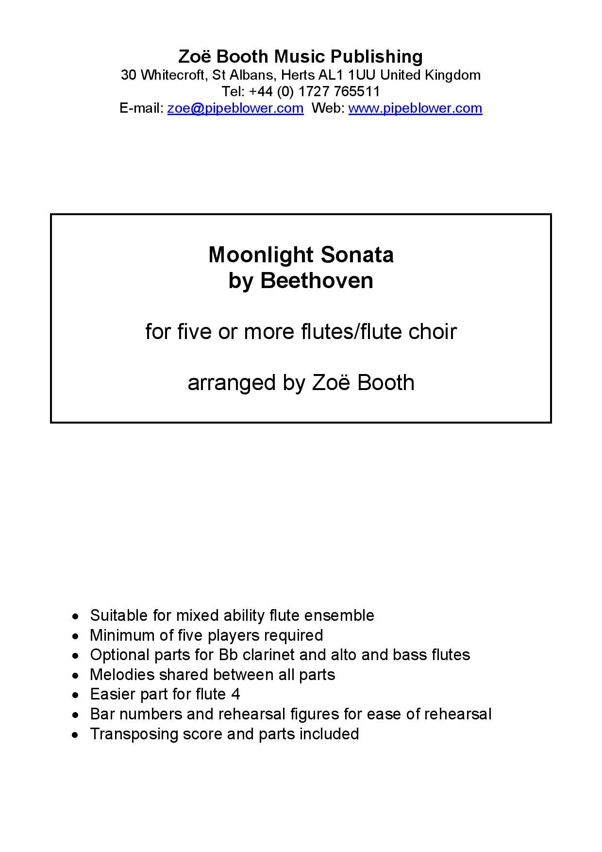 Moonlight Sonata by Beethoven,  arranged by Zoë Booth for five or more flutes/flute choir