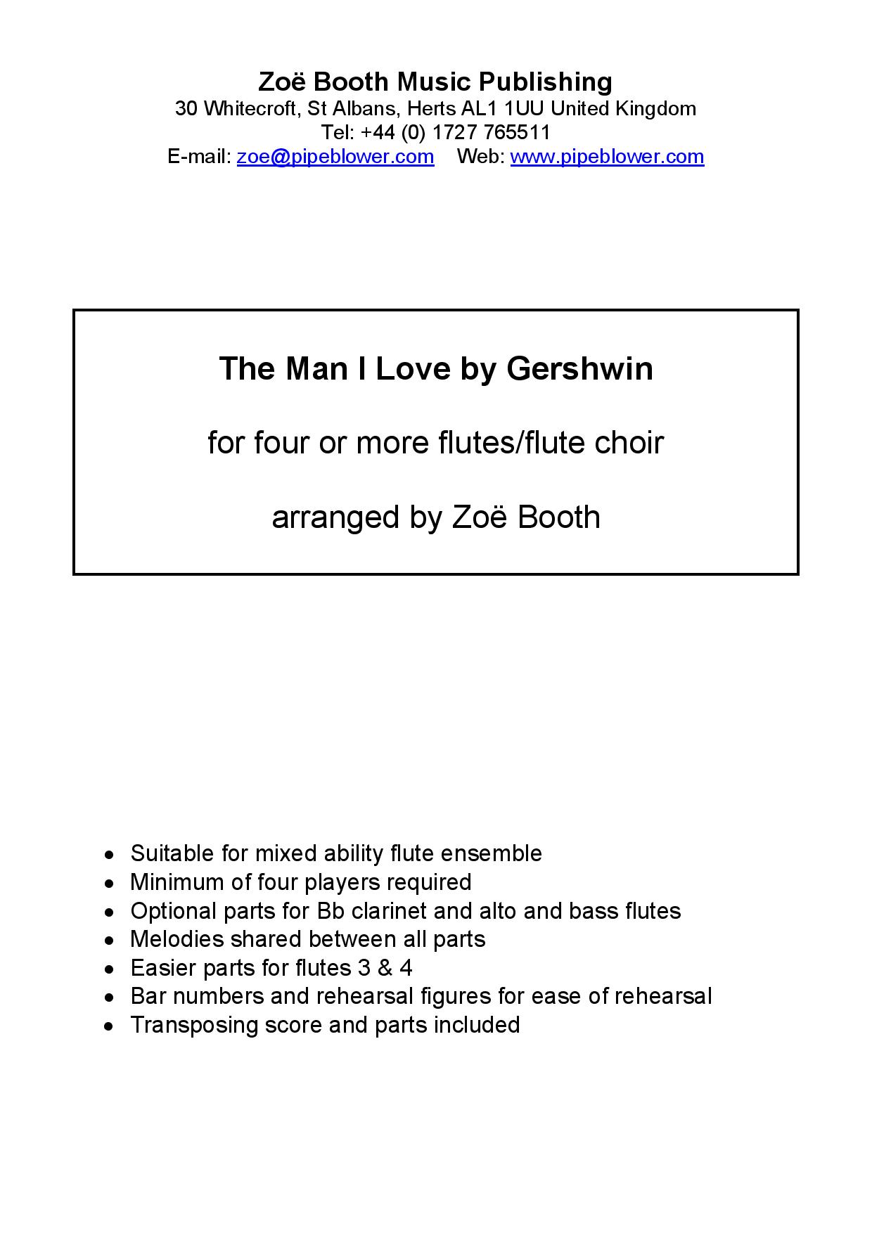 The Man I Love by Gershwin,  arranged by Zoë Booth for four or more flutes/flute choir