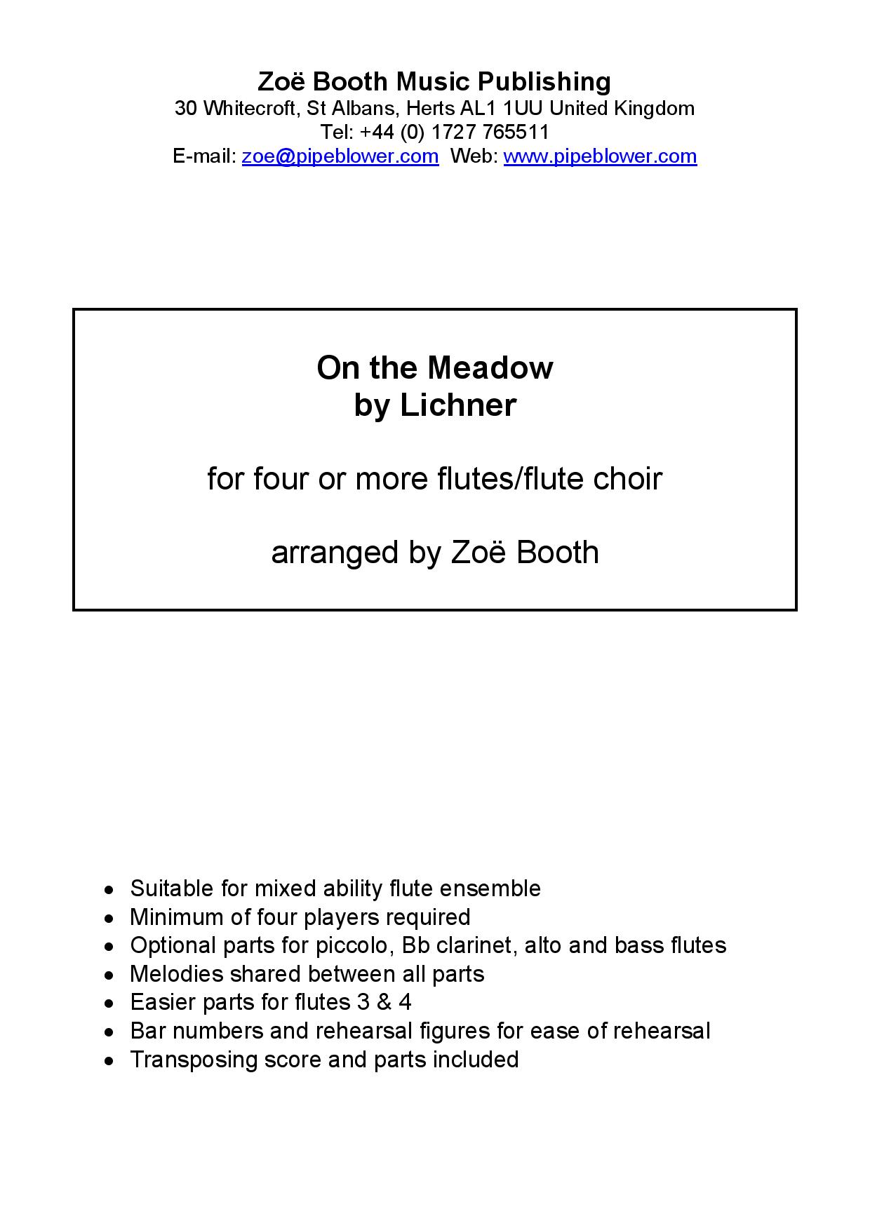 On the Meadow by Lichner,  arranged by Zoë Booth for four or more flutes/flute choir