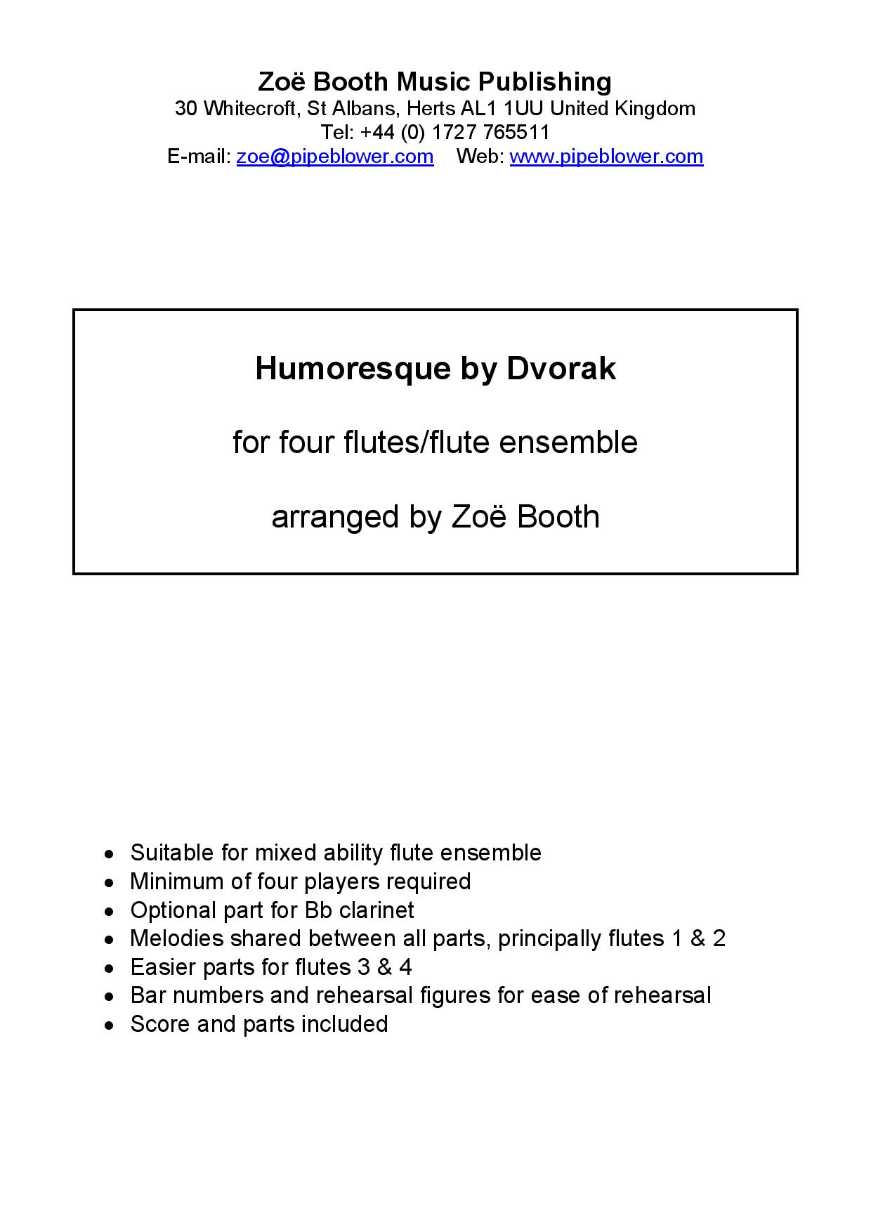 Humoresque by Dvorak,  arranged by Zoë Booth for four or more flutes/flute choir