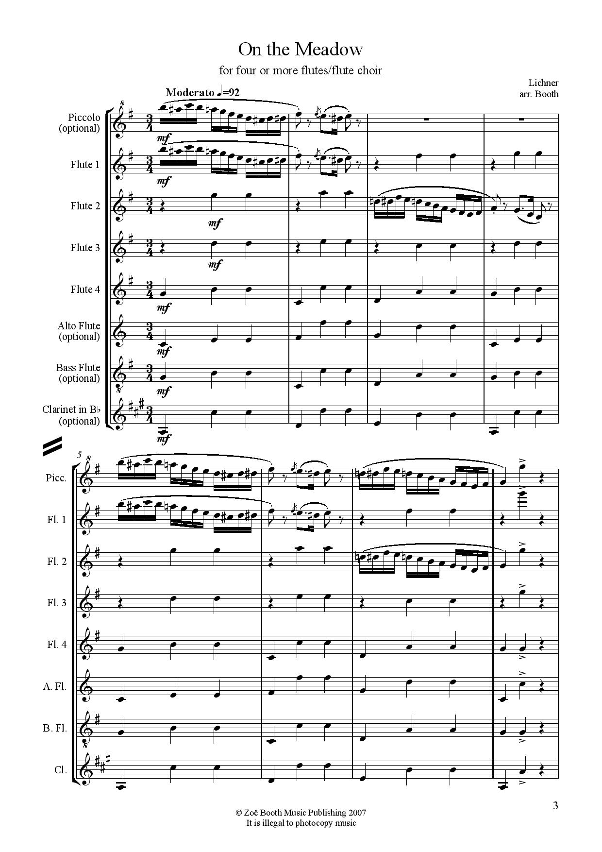 On the Meadow by Lichner,  arranged by Zoë Booth for four or more flutes/flute choir