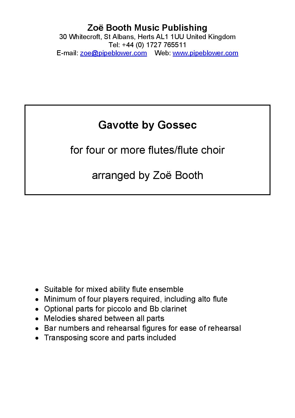 Gavotte by Gossec,  Arranged by Zoë Booth for three or more flutes/flute choir