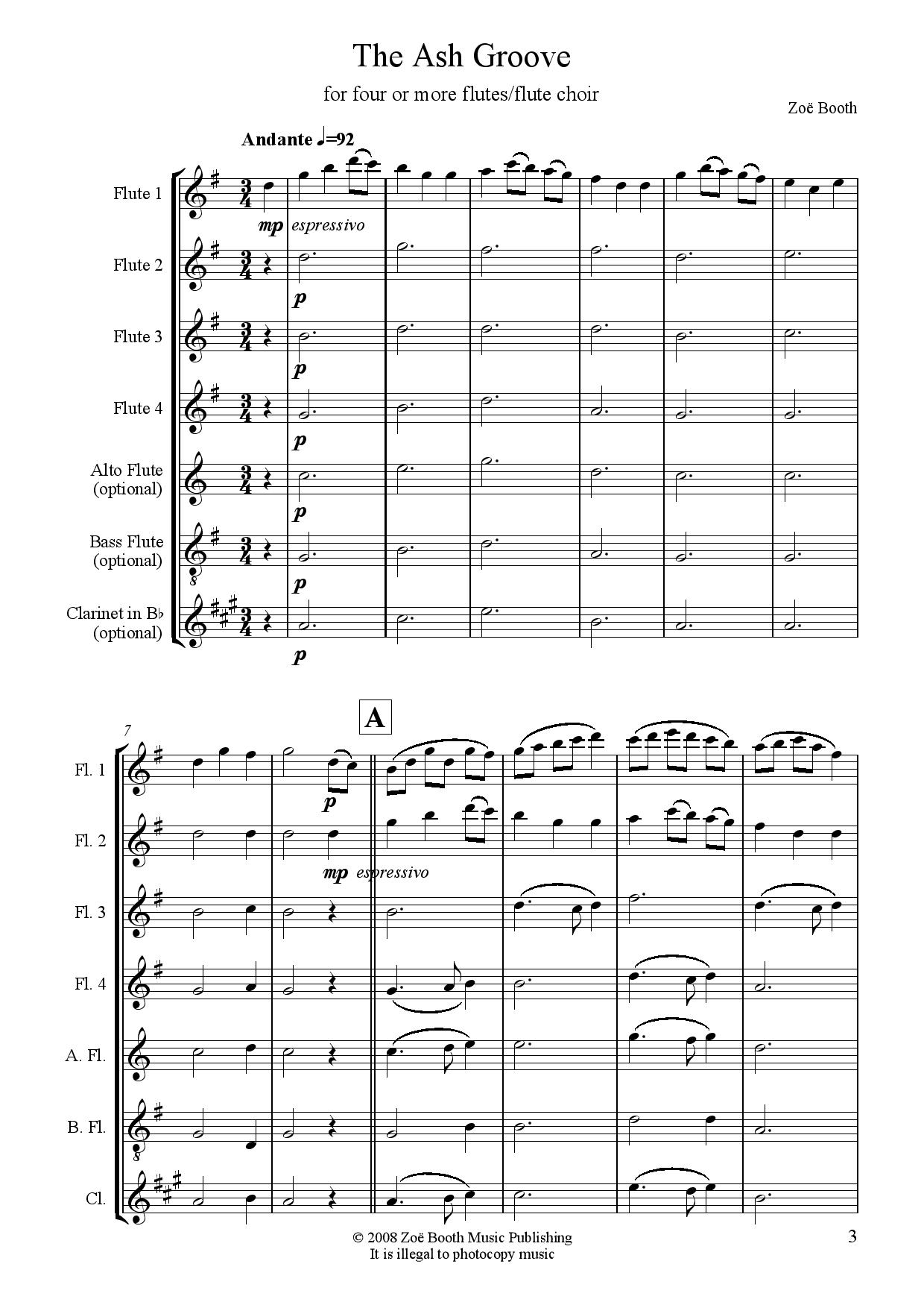 The Ash Groove  by Zoë Booth for four or more flutes/flute choir