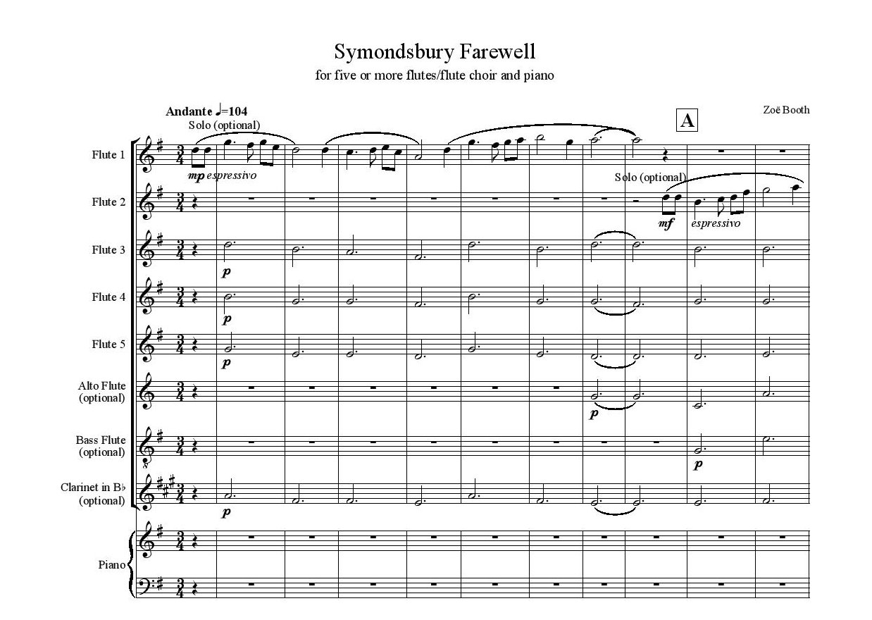 Symondsbury Farewell  by Zoë Booth for five or more flutes/flute choir and piano