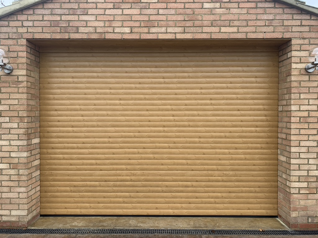 Double Insulated 77mm Lath (Irish Oak) Roller Shutter Garage Door.