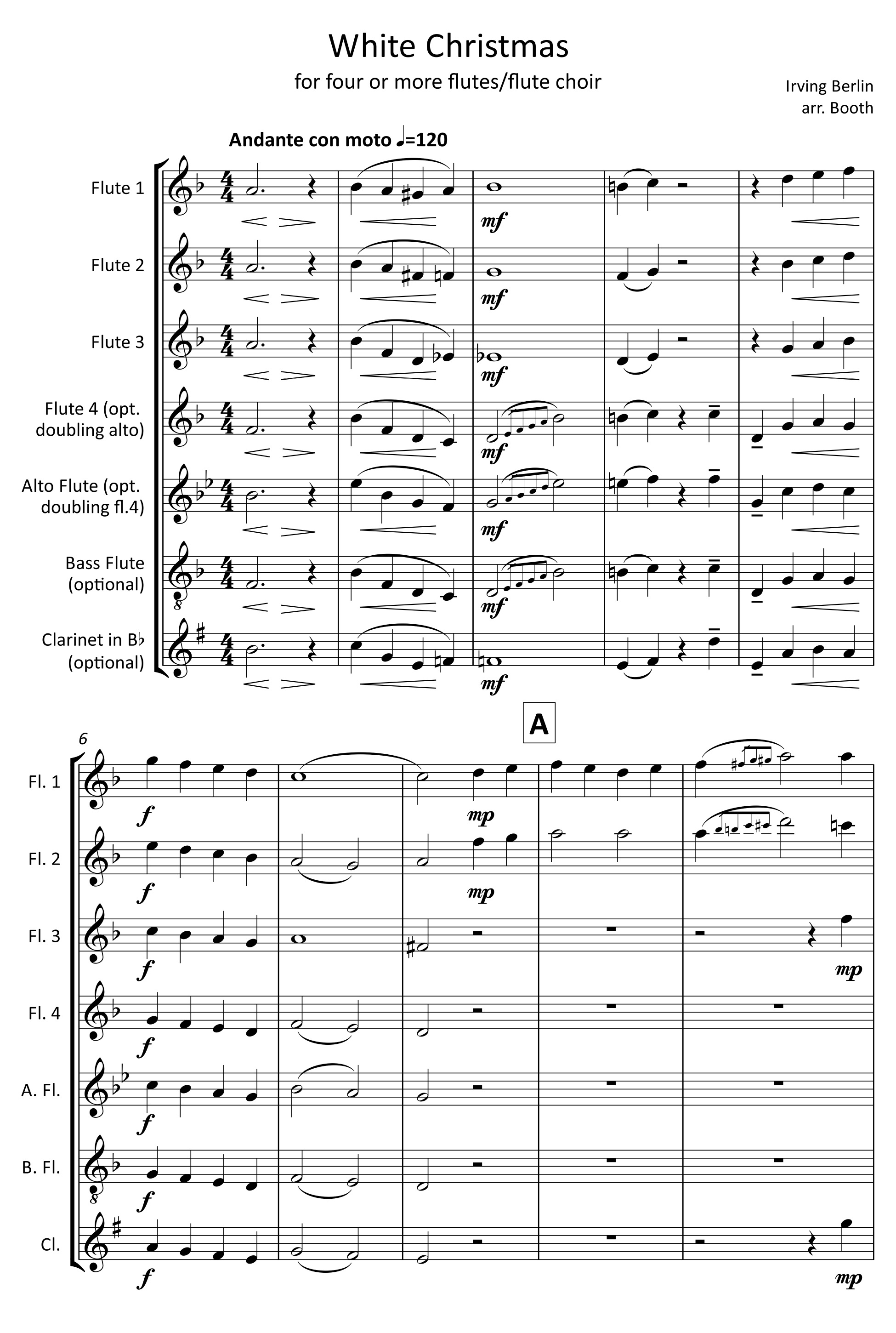 White Christmas by Irving Berlin,  arranged by Zoë Booth for four or more flutes/flute choir