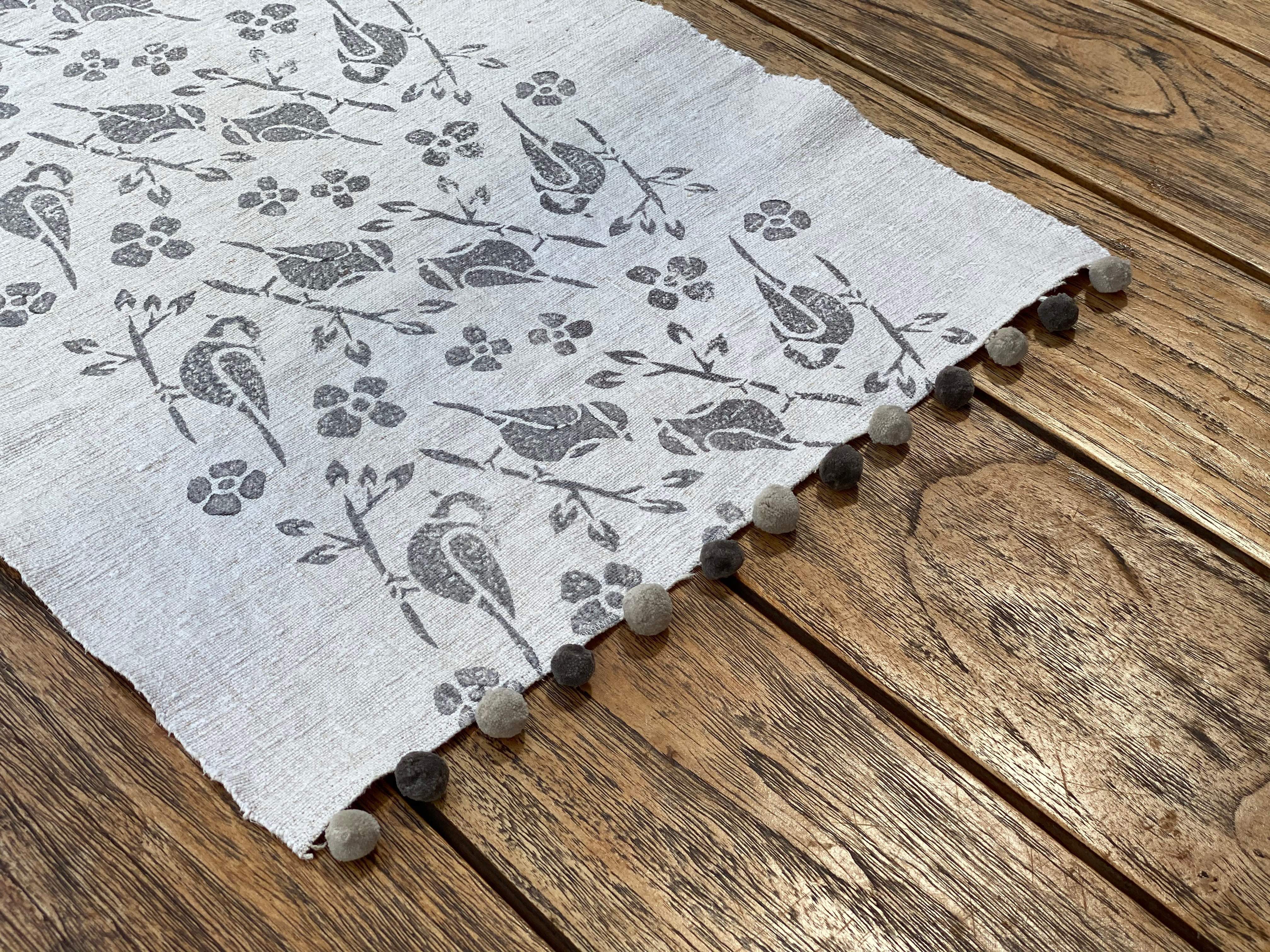Hand Block-printed Table Runner with Pom-Poms