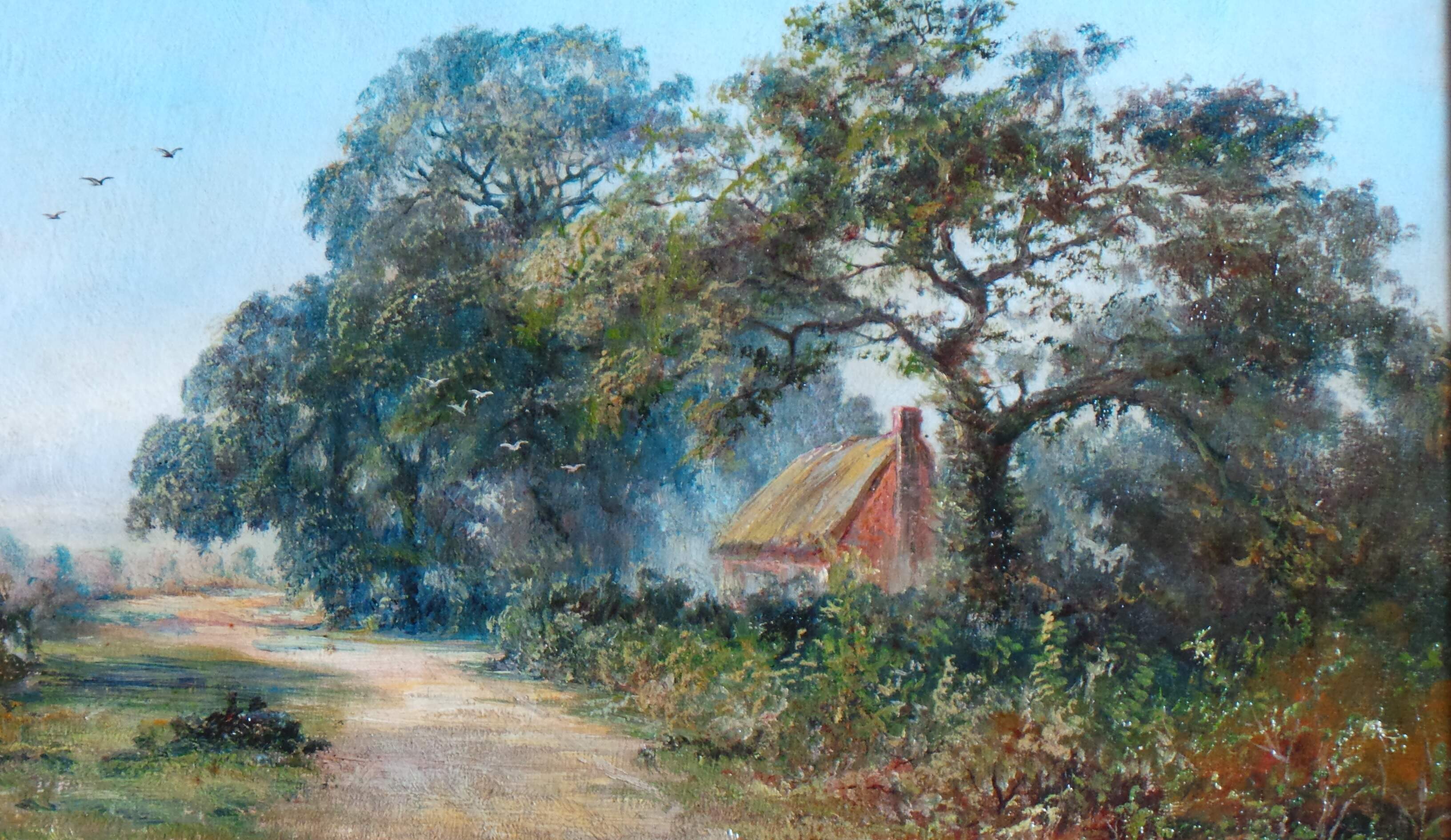 BEAUTIFUL LANDSCAPE OF OLD VILLAGE. OLD ENGLISH SCHOOL OIL ON CANVAS (1904).