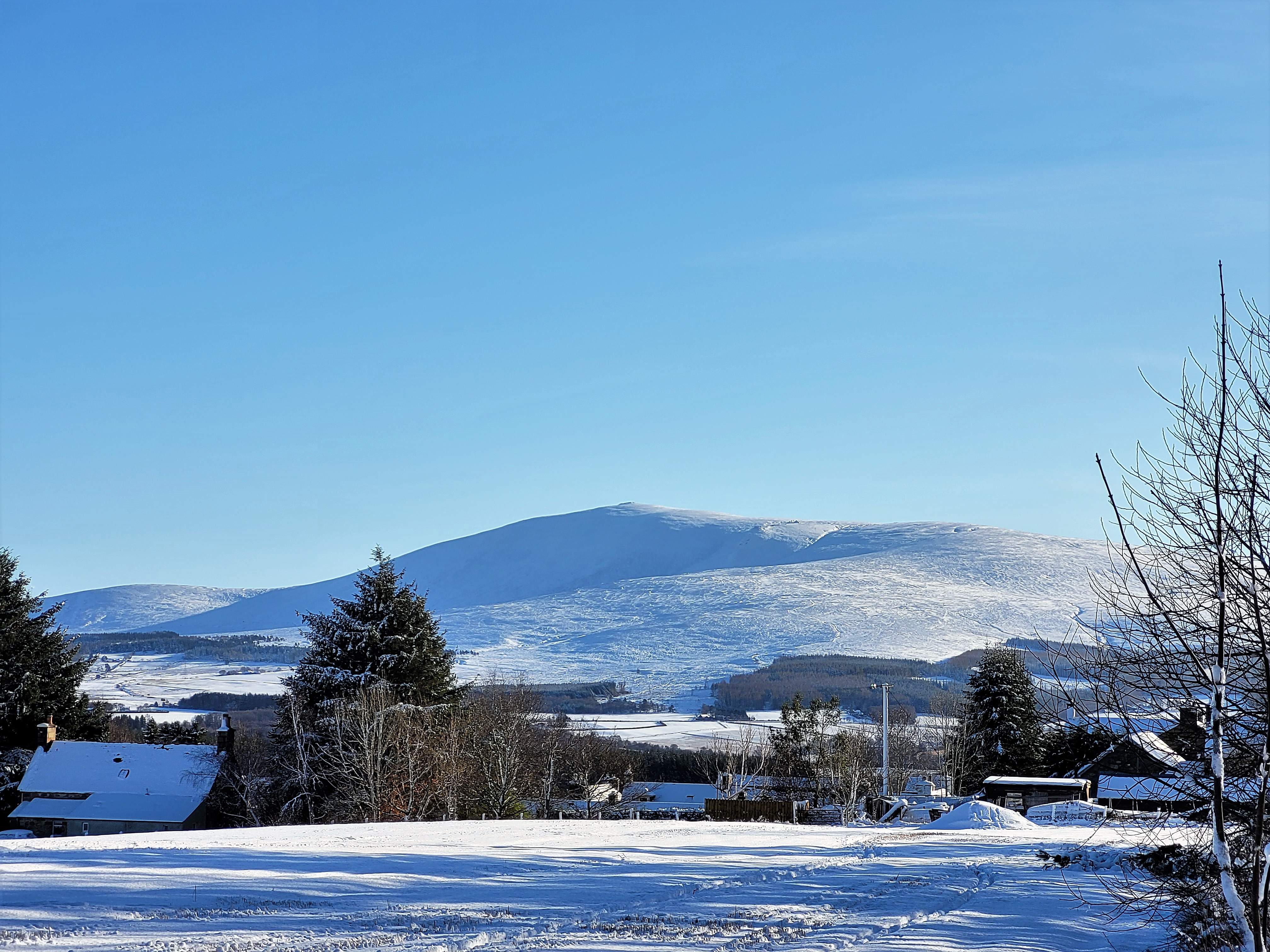 Archiestown Village walk and the view of the snow covered Ben Rinnes