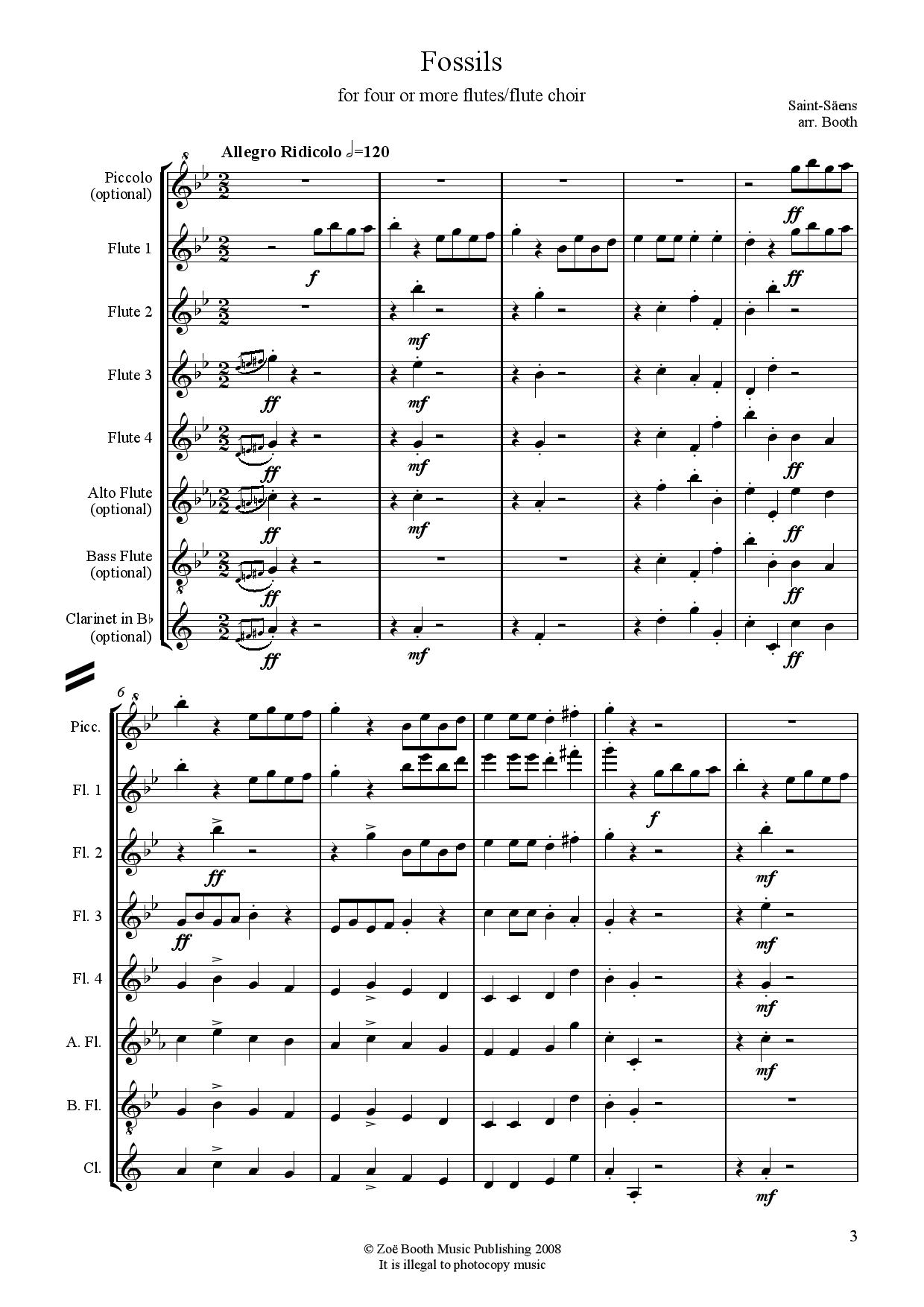 Fossils by Saint-Saëns  arranged by Zoë Booth for four or more flutes/flute choir