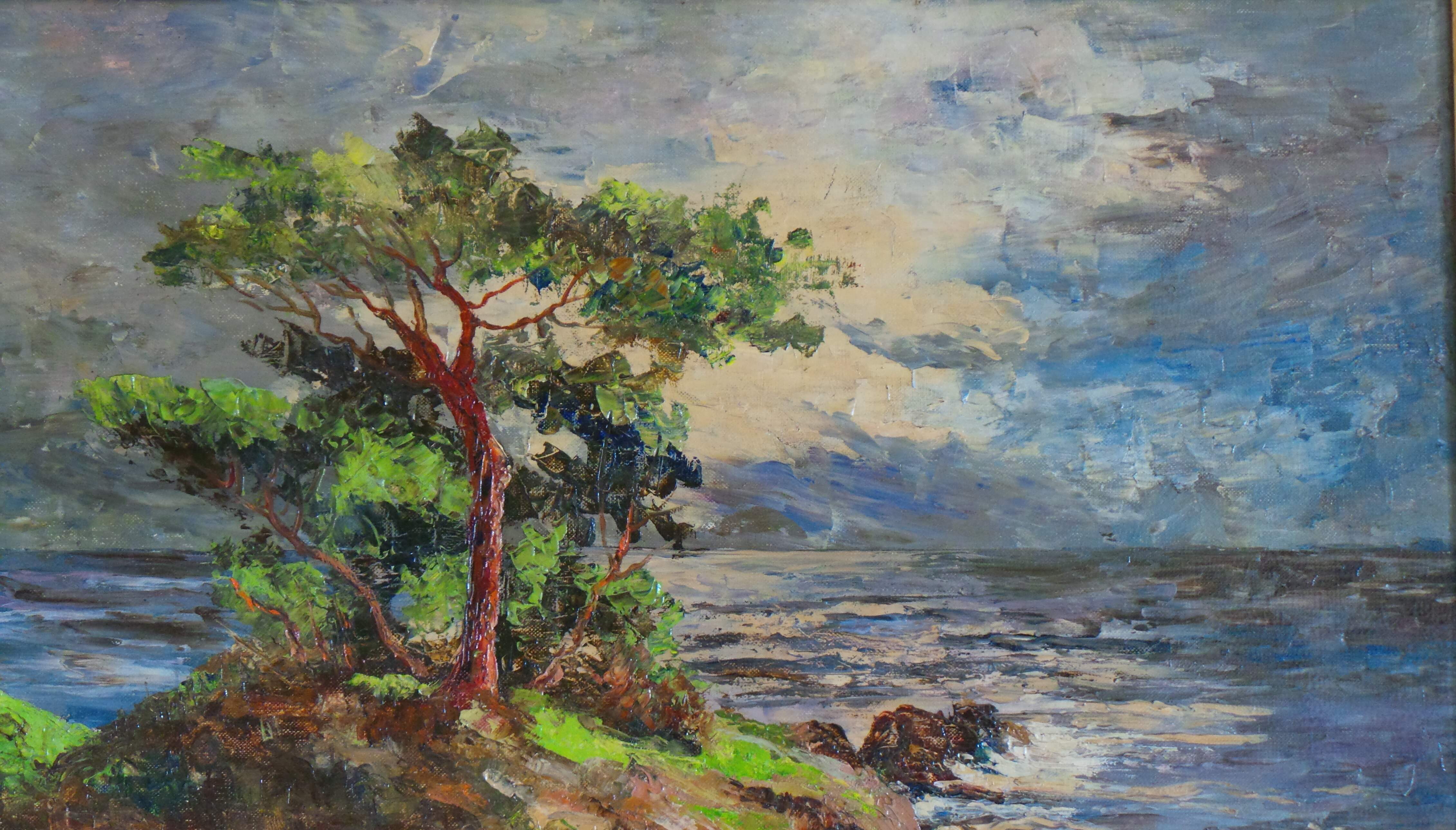 SEASIDE IMPRESSION AT A SUNSET. AN OIL PAINTING ON BOARD. (1964)