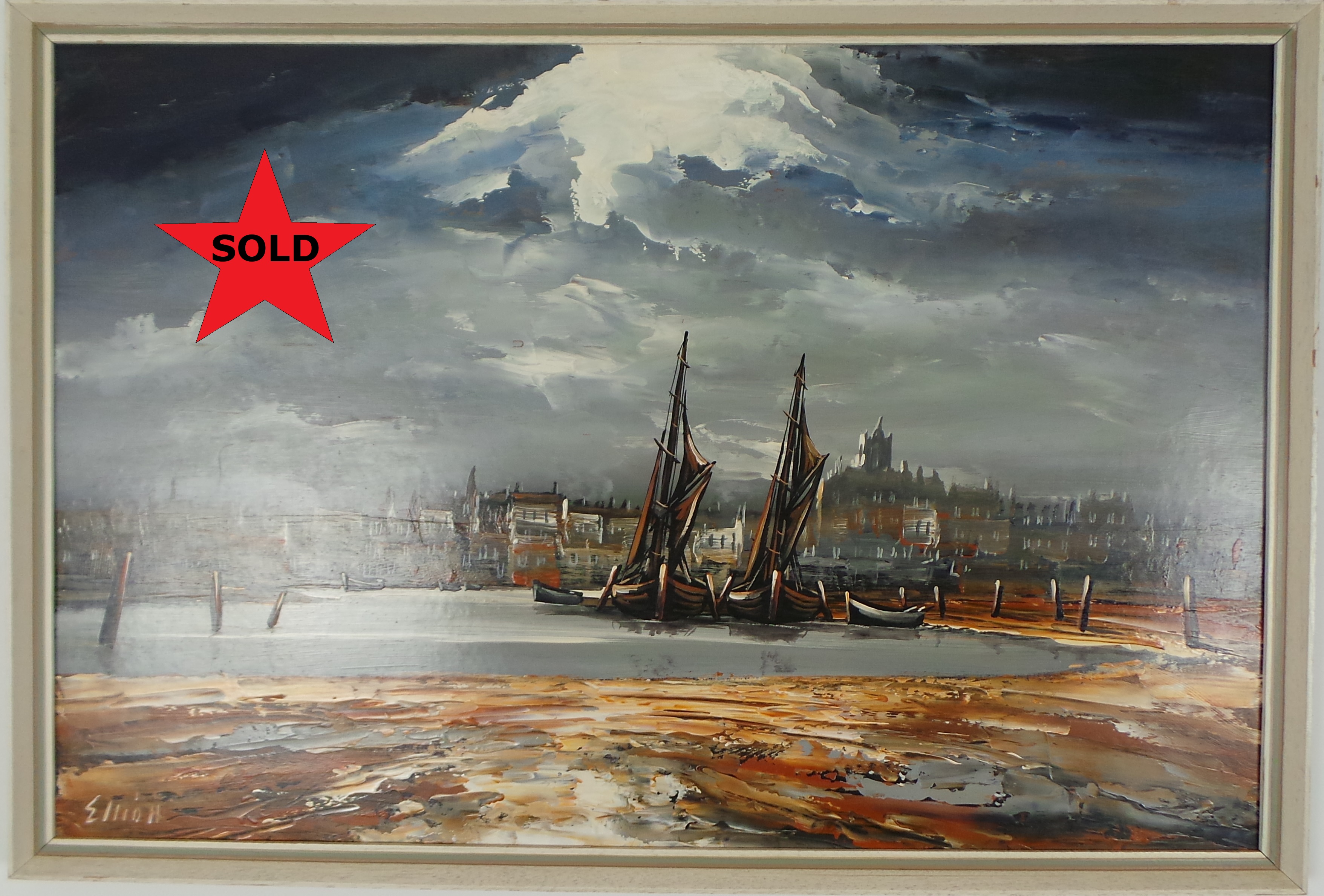LONDON ESTUARY SCENE WITH BOATS. XX CENTURY OIL PAINTING BY EDWARD M ELLIOTT.