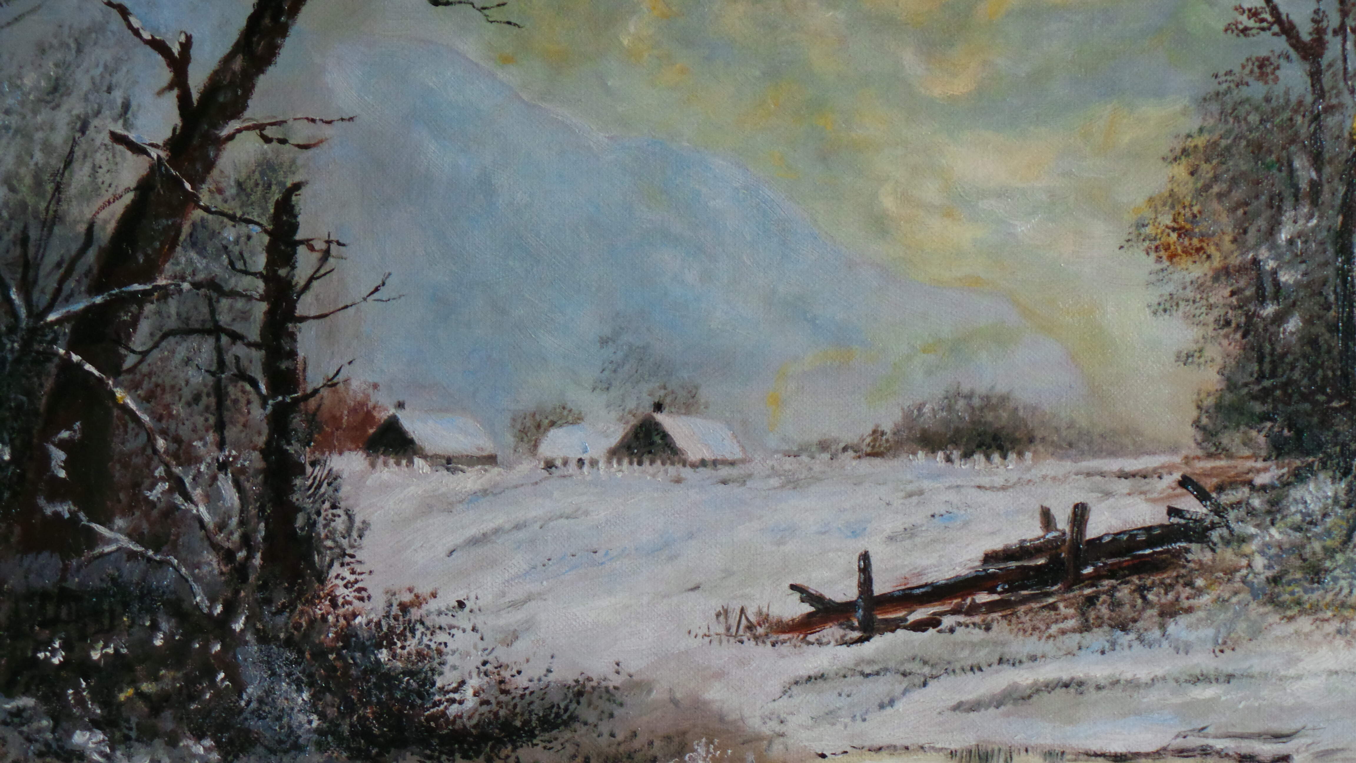 WINTER NOCTURNE OF A SLEEPING VILLAGE. BEAUTIFUL OIL PAINTING ON CANVAS.