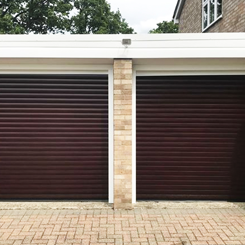 Single Insulated 77mm Lath (Rosewood) Roller Shutter Garage Doors with White Frame.