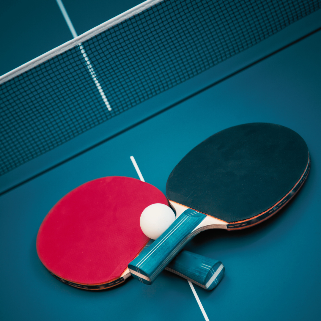 Table tennis rackets, ball and table