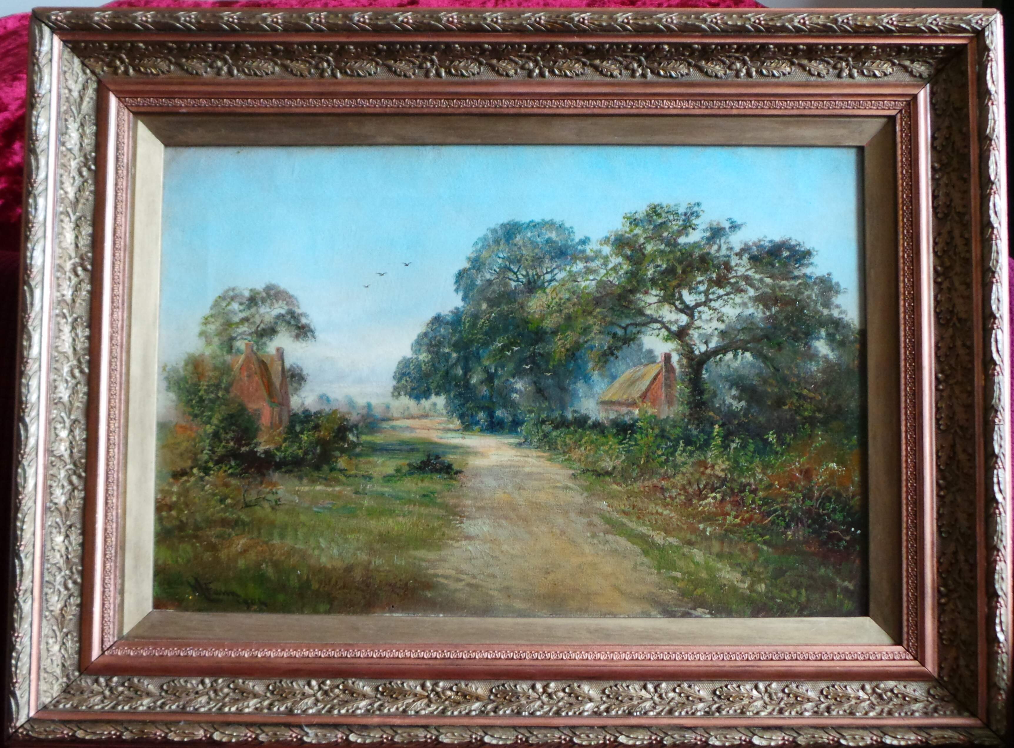BEAUTIFUL LANDSCAPE OF OLD VILLAGE. OLD ENGLISH SCHOOL OIL ON CANVAS (1904).