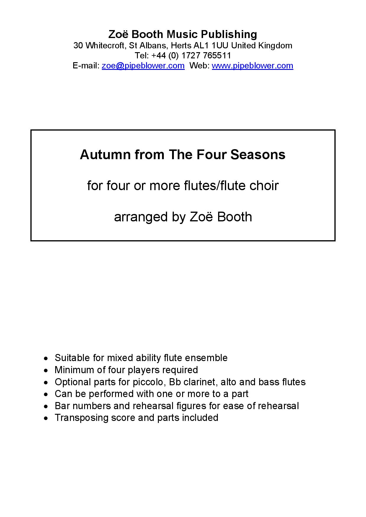 Autumn from The Four Seasons by Vivaldi  arranged by Zoë Booth for four or more flutes/flute choir