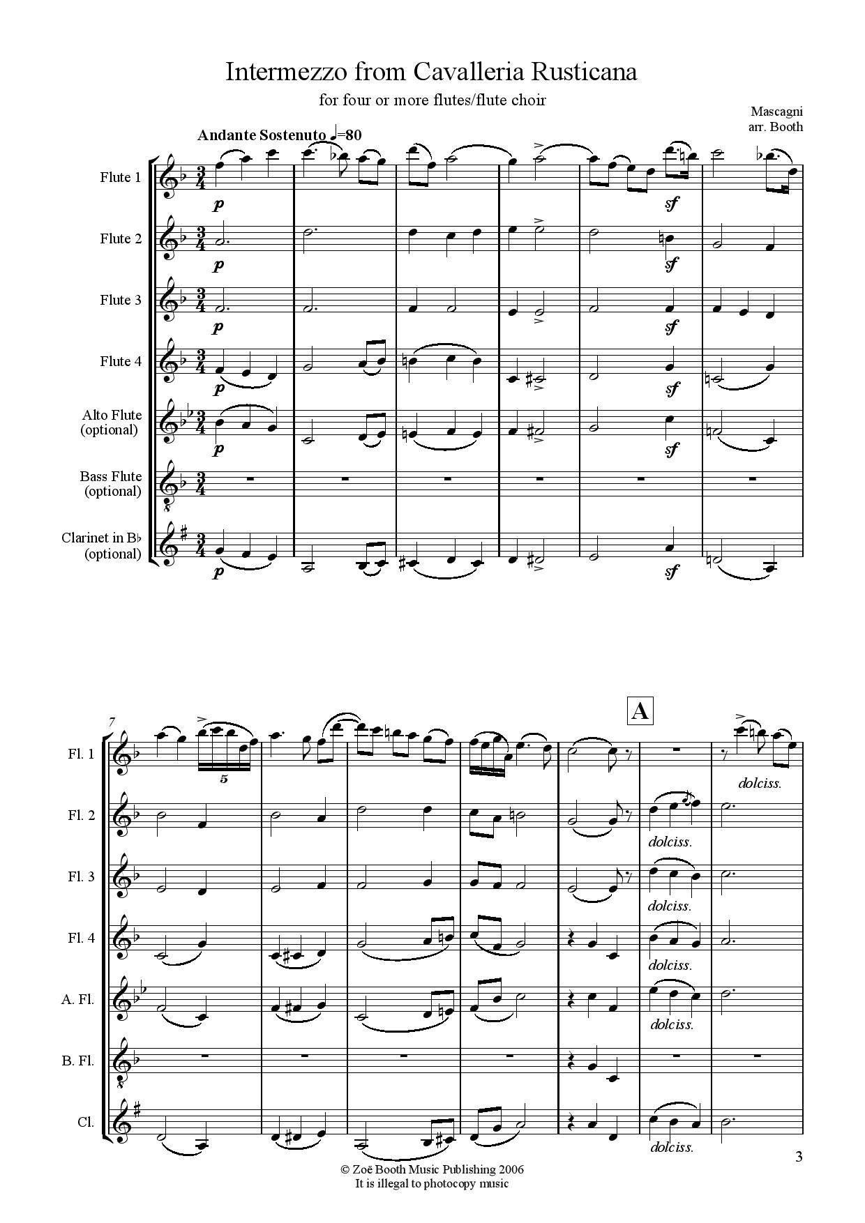 Intermezzo by Mascagni,  arranged by Zoë Booth for four or more flutes/flute choir