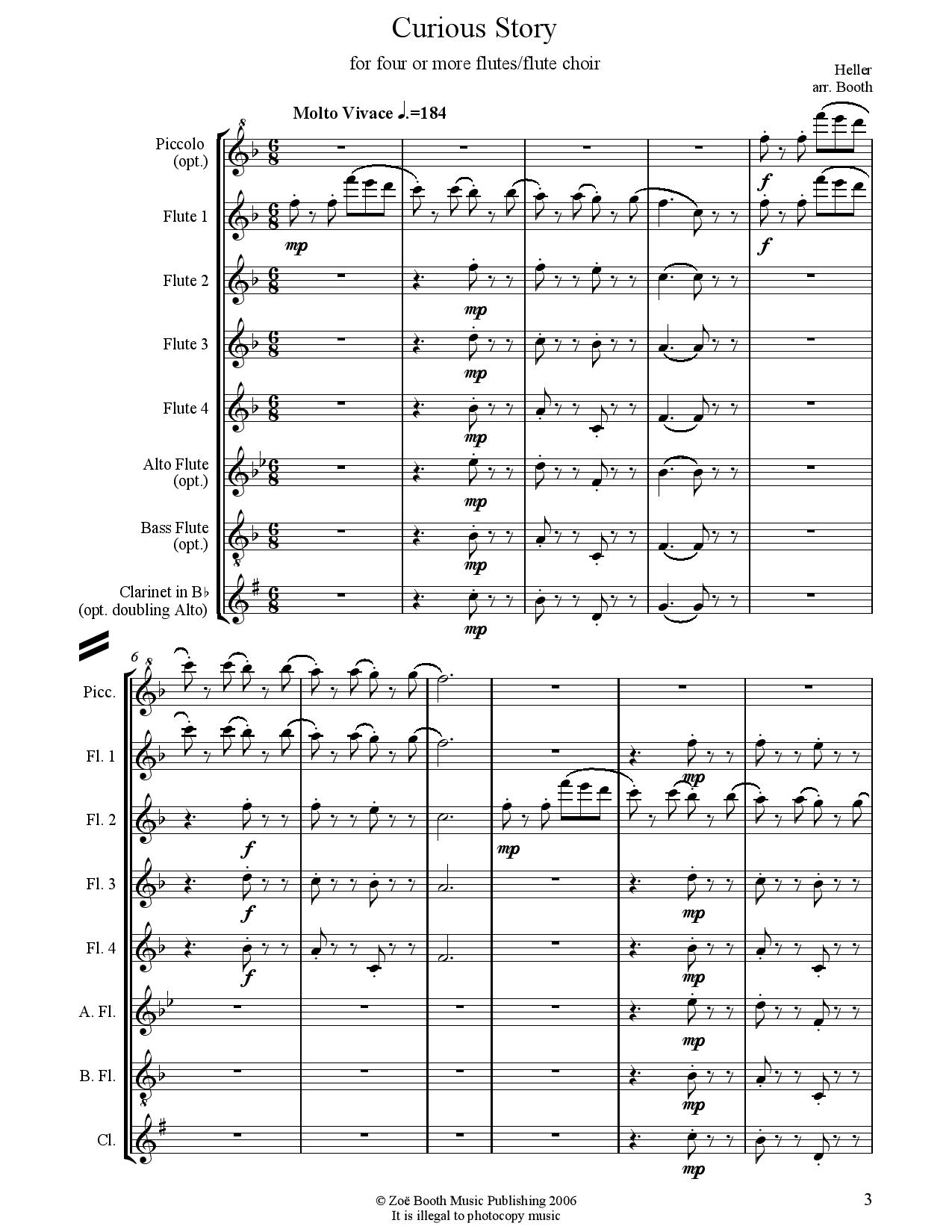 Curious Story by Heller,  arranged by Zoë Booth for four or more flutes/flute choir