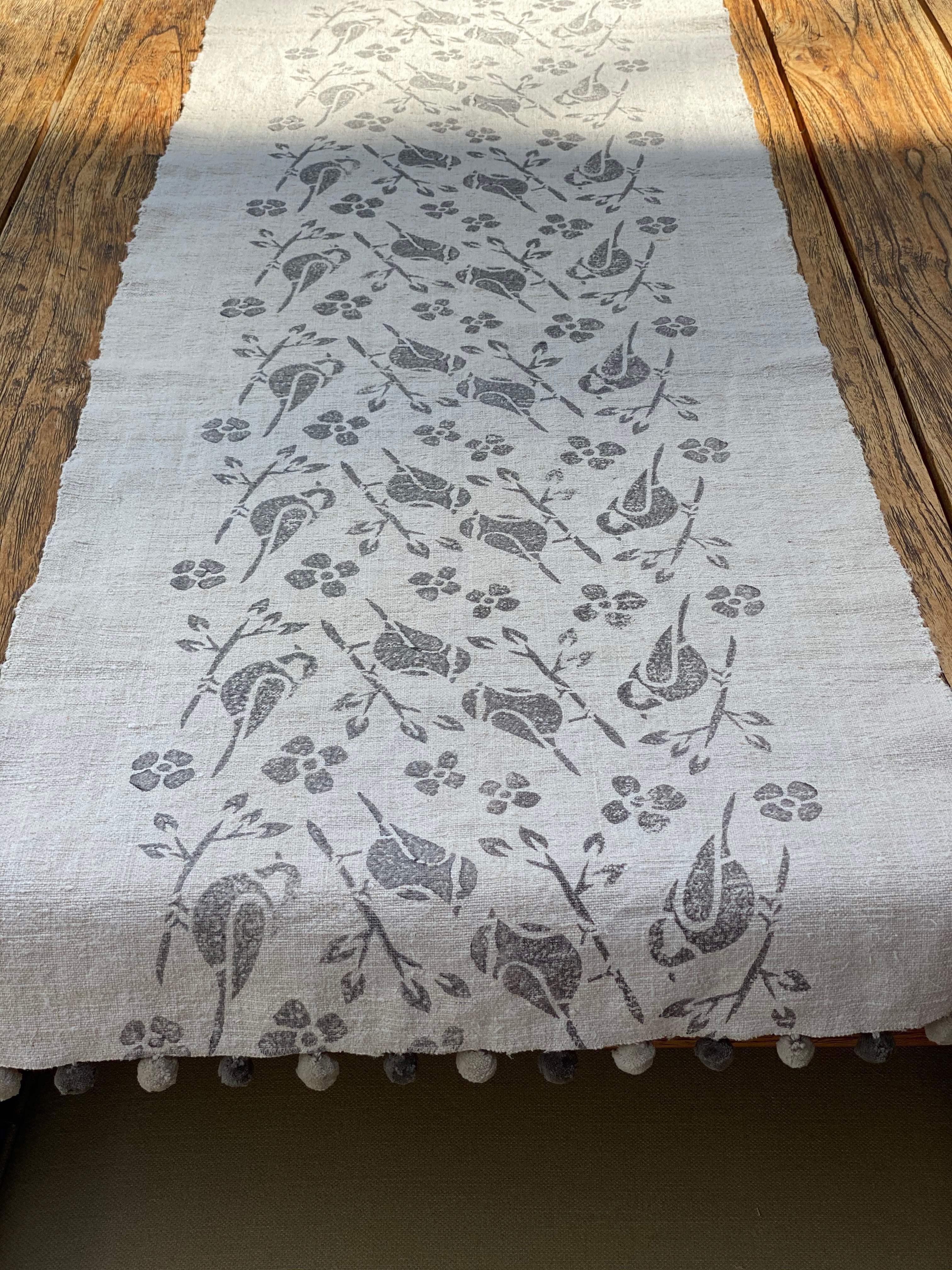 Hand Block-printed Table Runner with Pom-Poms