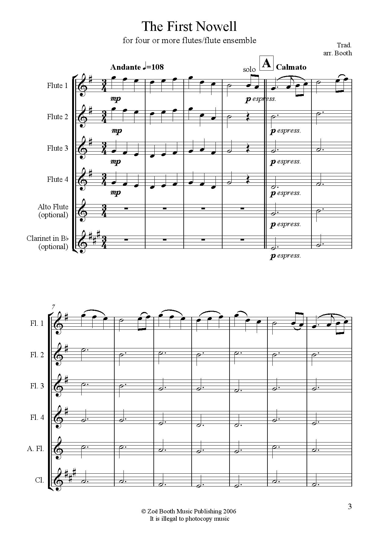 The First Nowell (Traditional),  arranged by Zoë Booth for four or more flutes/flute choir
