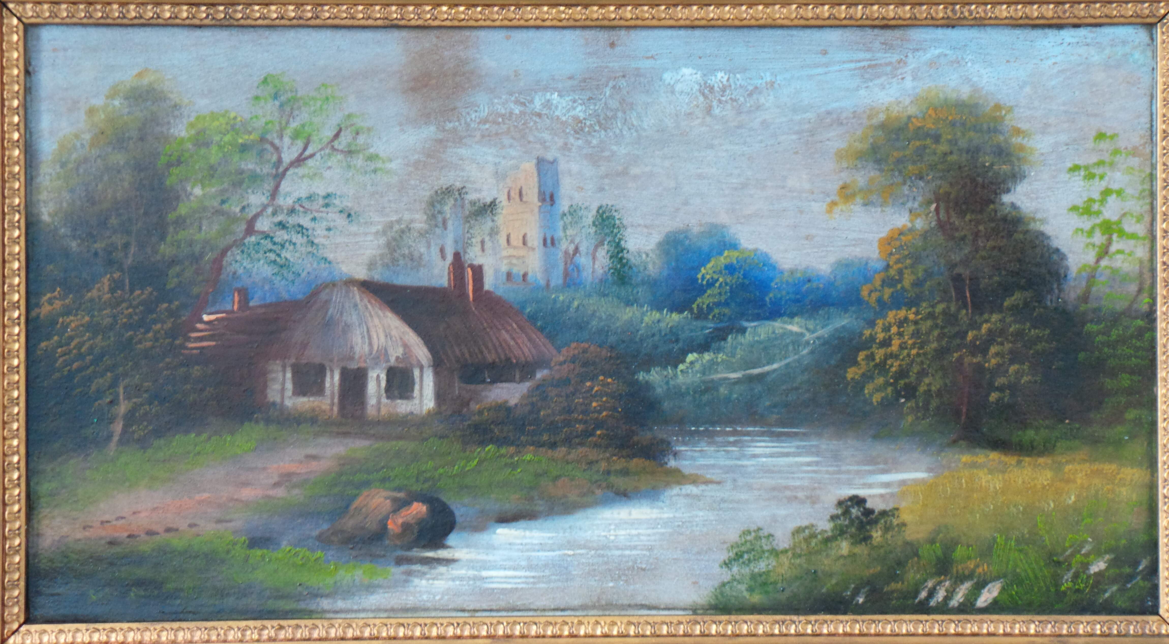 XIX CENTURY OIL PAINTING ON BOARD OF CHURCH, FARM AND A RIVER.
