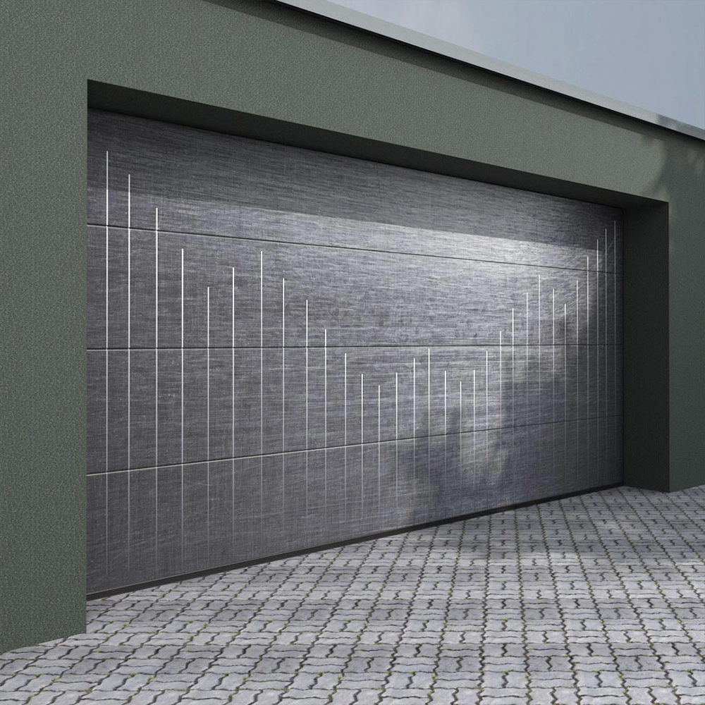Sectional garage door with a custom printed panel design.