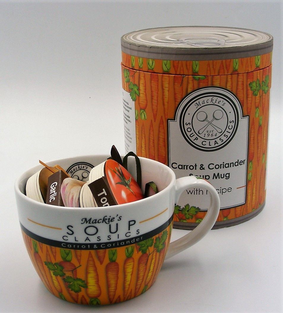 Mackie's Carrot and coriander soup mug and 4 miniature vegetable cookbooks.
