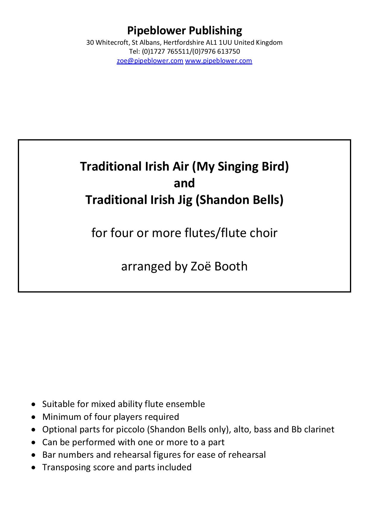 Irish Traditional Air and Jig,  arranged by Zoë Booth for four or more flutes/flute choir