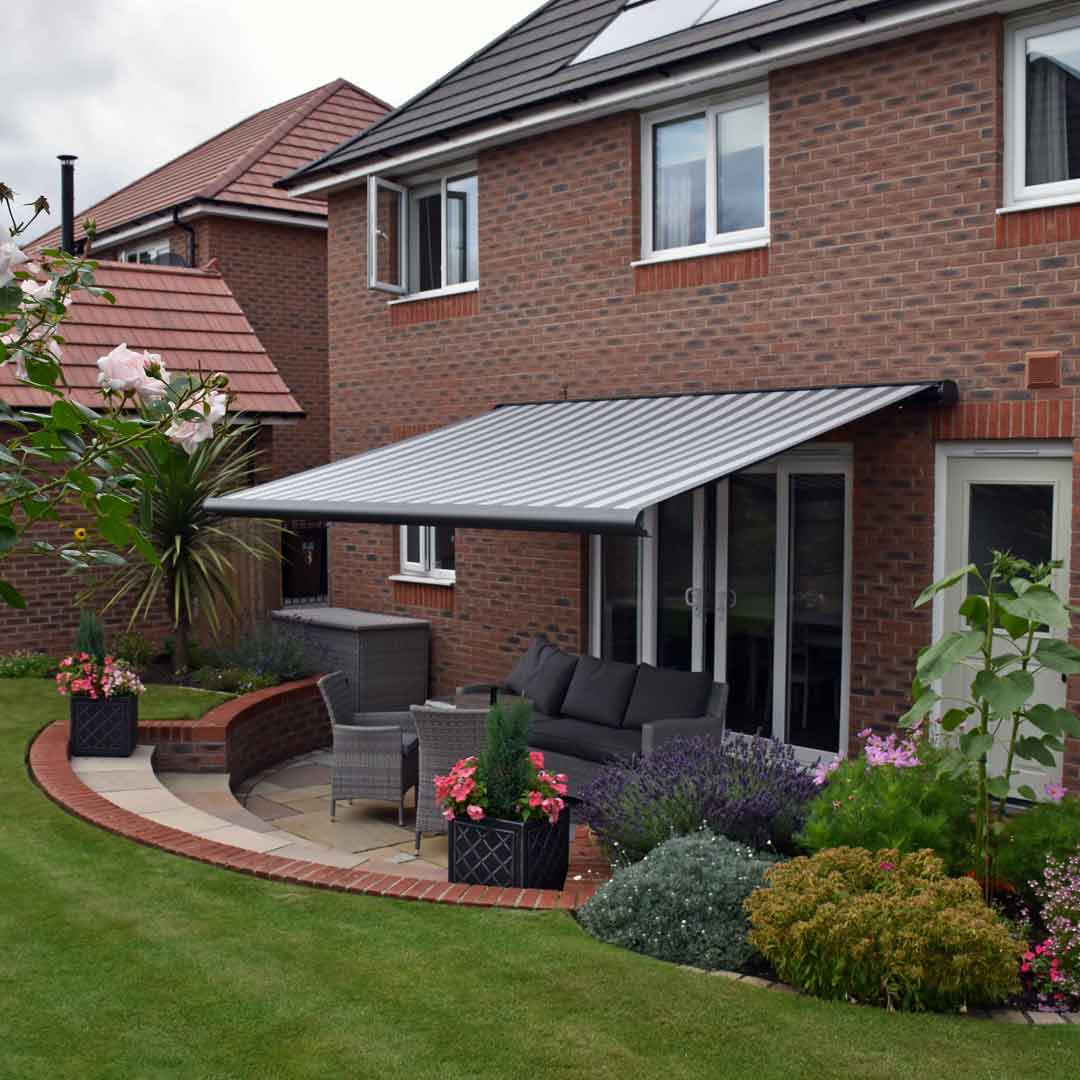 A high quality awning covering a sunny patio area
