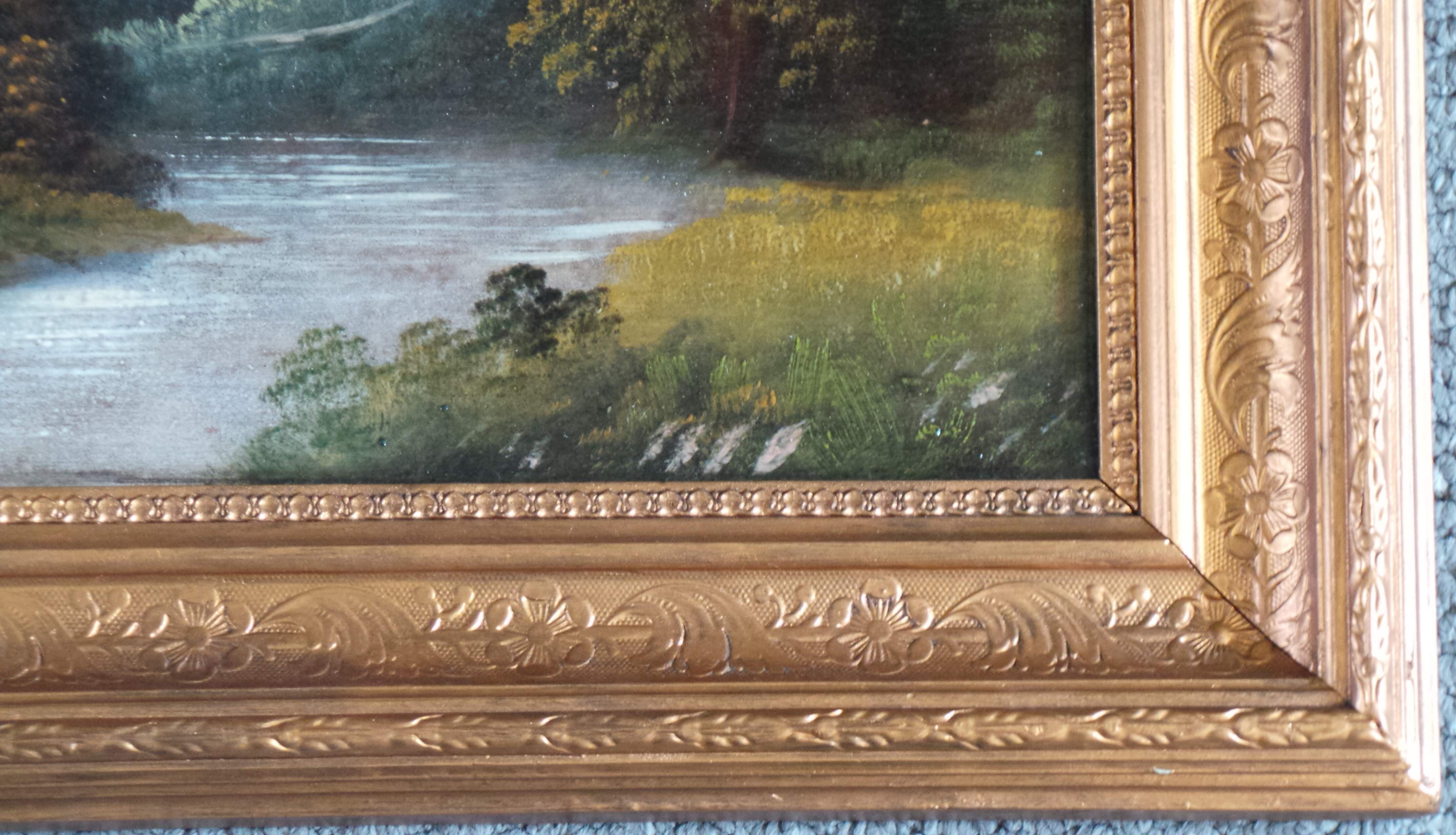 XIX CENTURY OIL PAINTING ON BOARD OF CHURCH, FARM AND A RIVER.