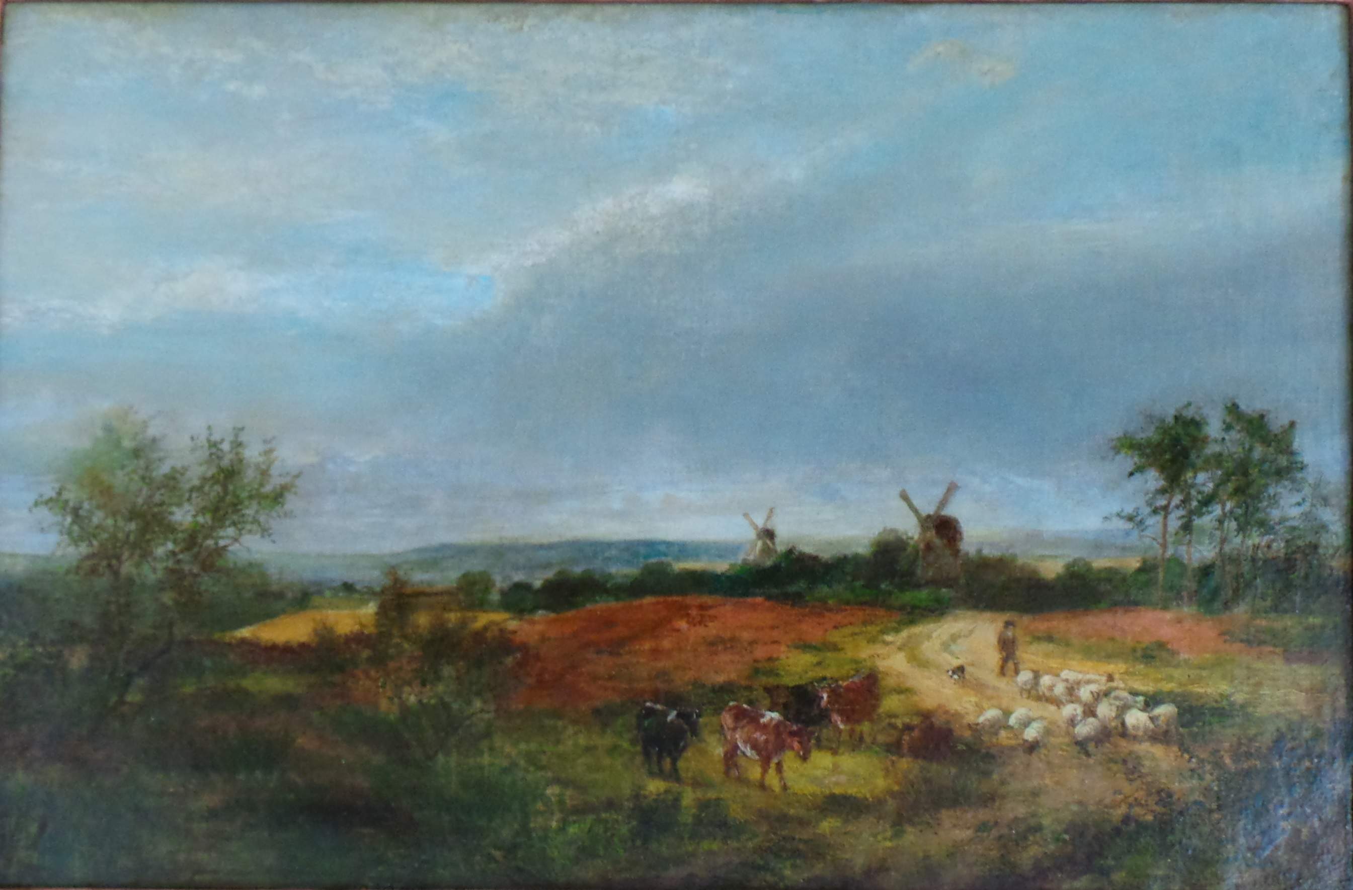 19th CENTURY LANDSCAPE WITH CATTLE AND WINDMILLS.