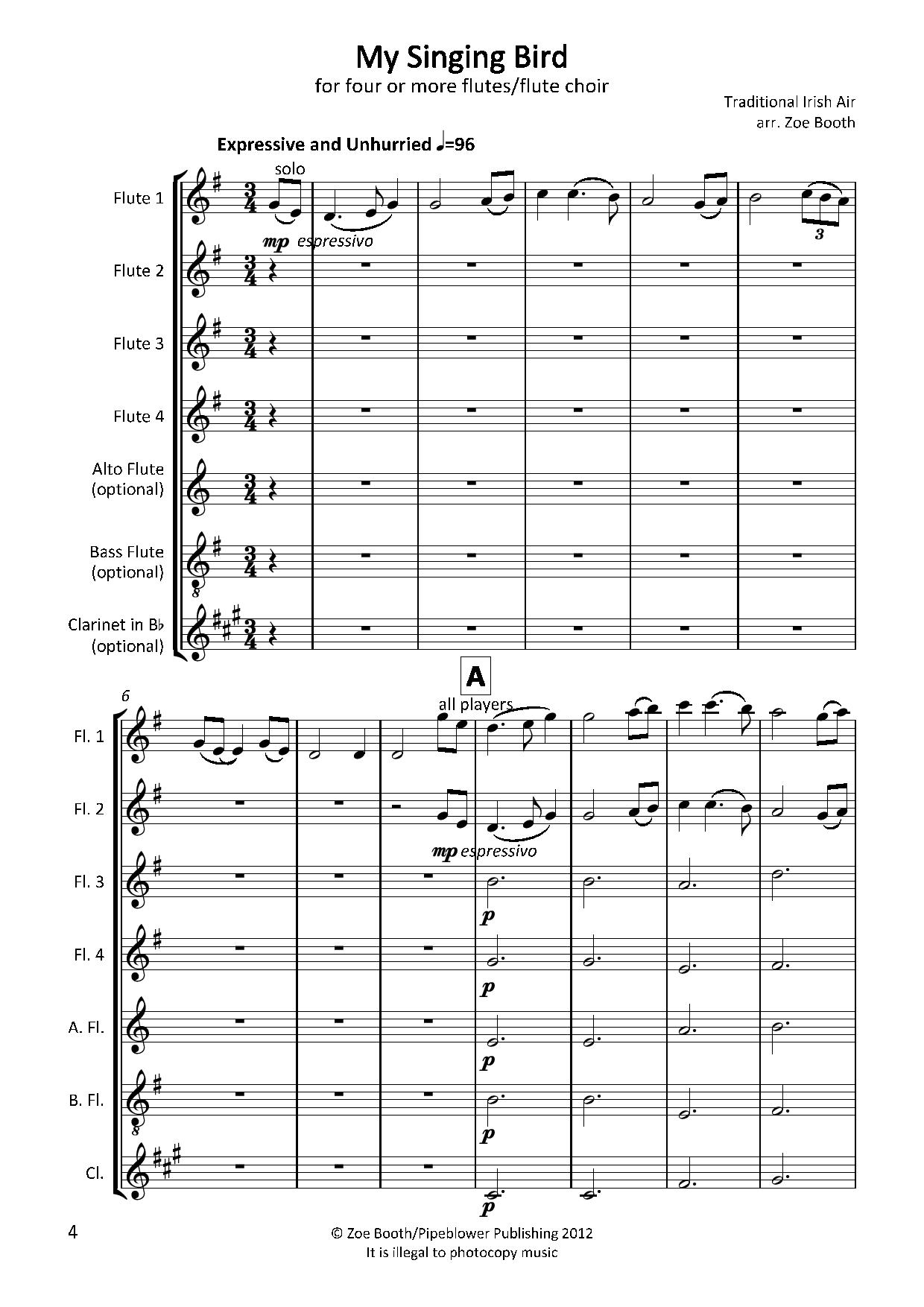 Irish Traditional Air and Jig,  arranged by Zoë Booth for four or more flutes/flute choir