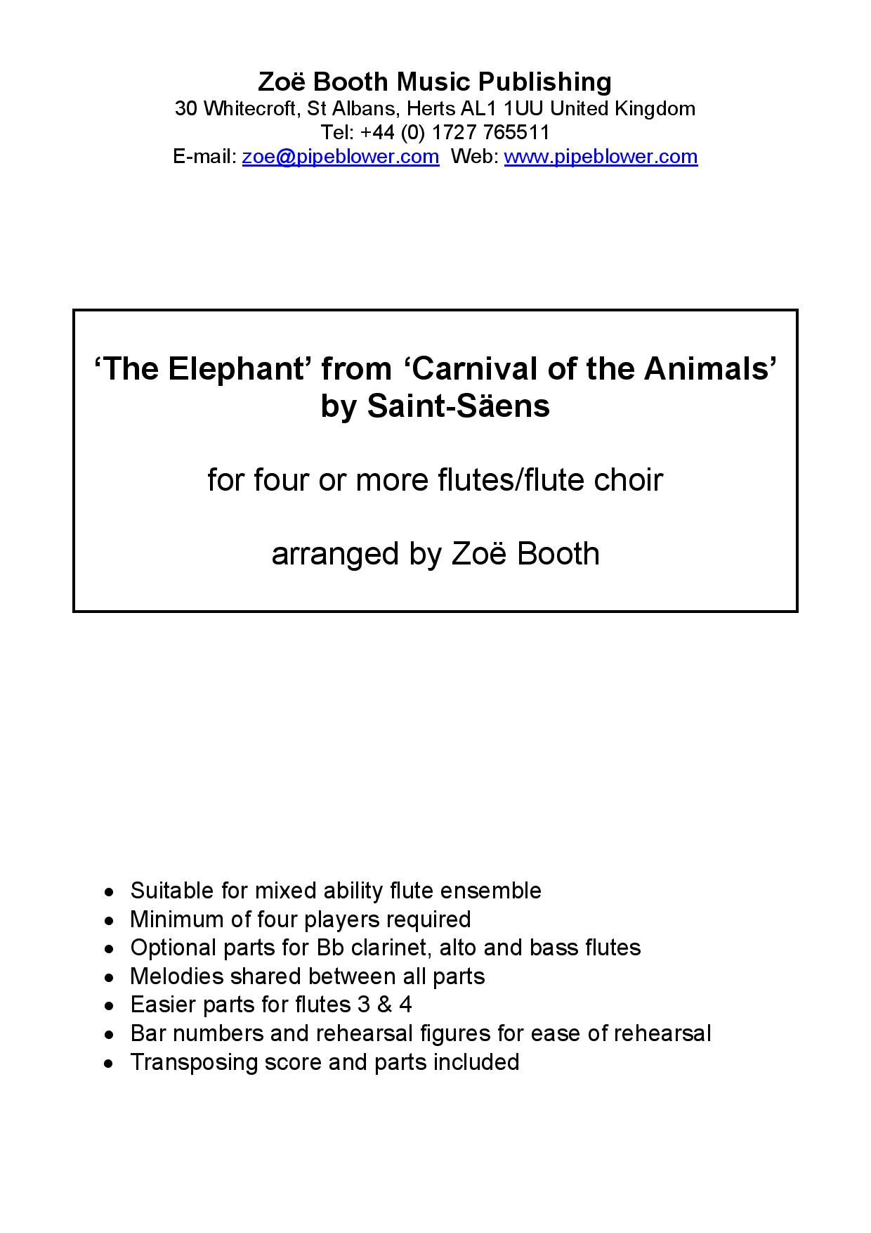 The Elephant by Saint-Saëns  arranged by Zoë Booth for four or more flutes/flute choir