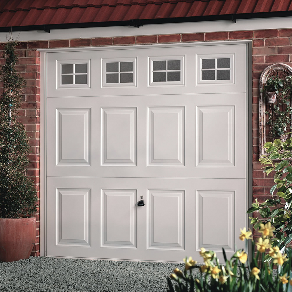 Single Steel (White) Beaumont Retractable Garage Door with Cross Windows.