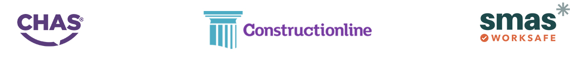 CHAS, Constructionline and SMAS logo’s for the health and safety qualified accreditations in the construction industry.